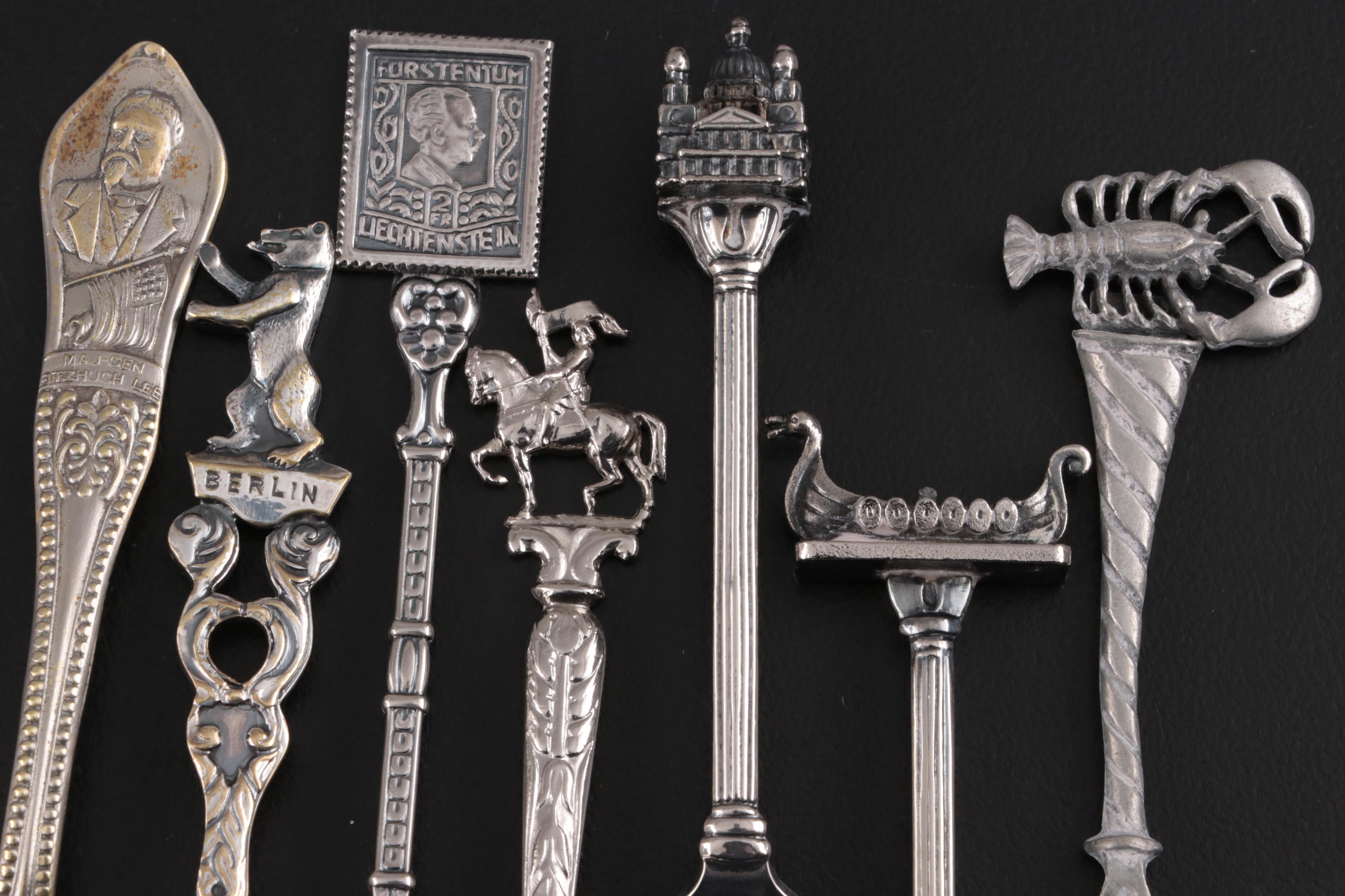Souvenir Spoons Including Italian 800 Silver, French Silver Plate, and Others