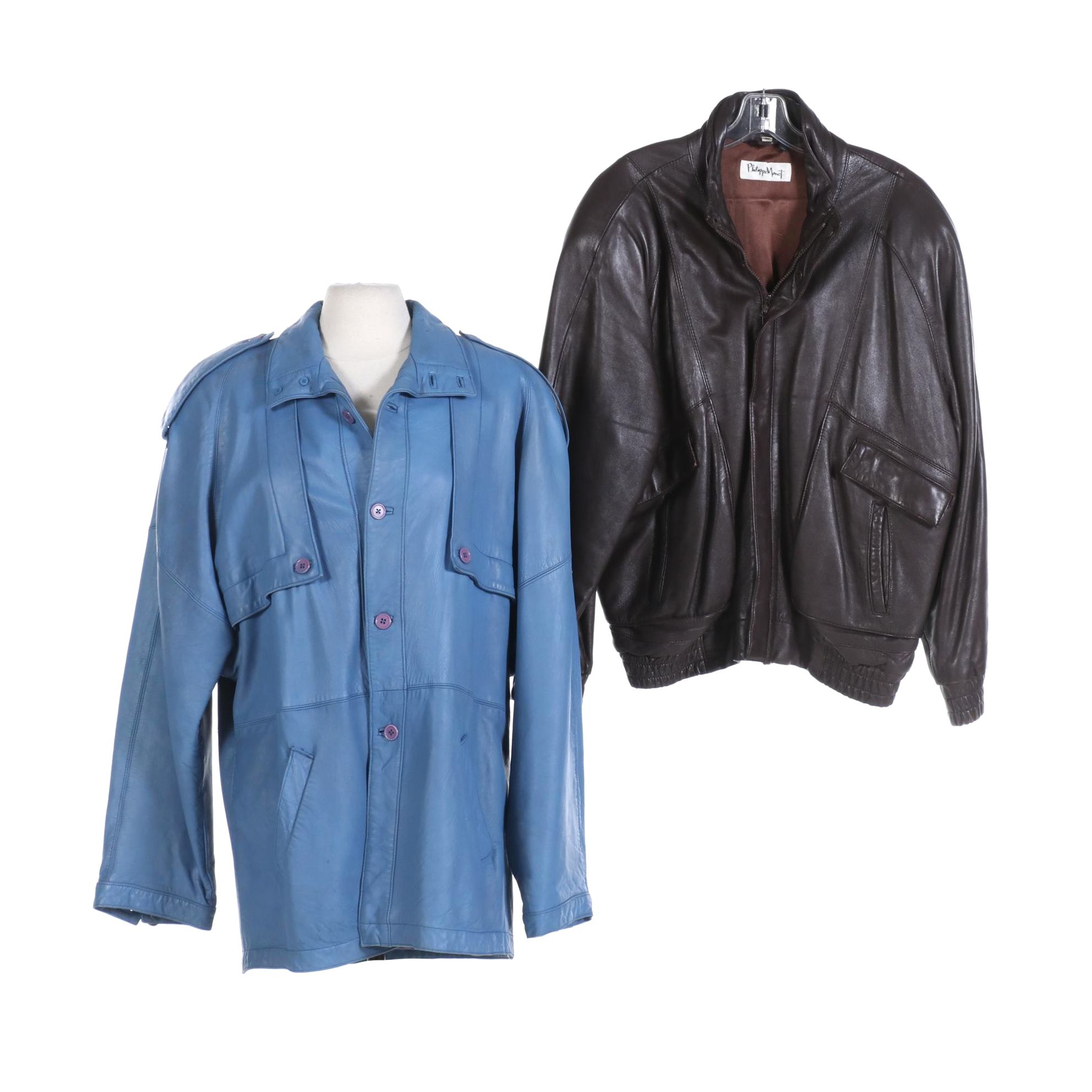 Two Philippe Monet Blue Leather Jackets in Blue and Brown