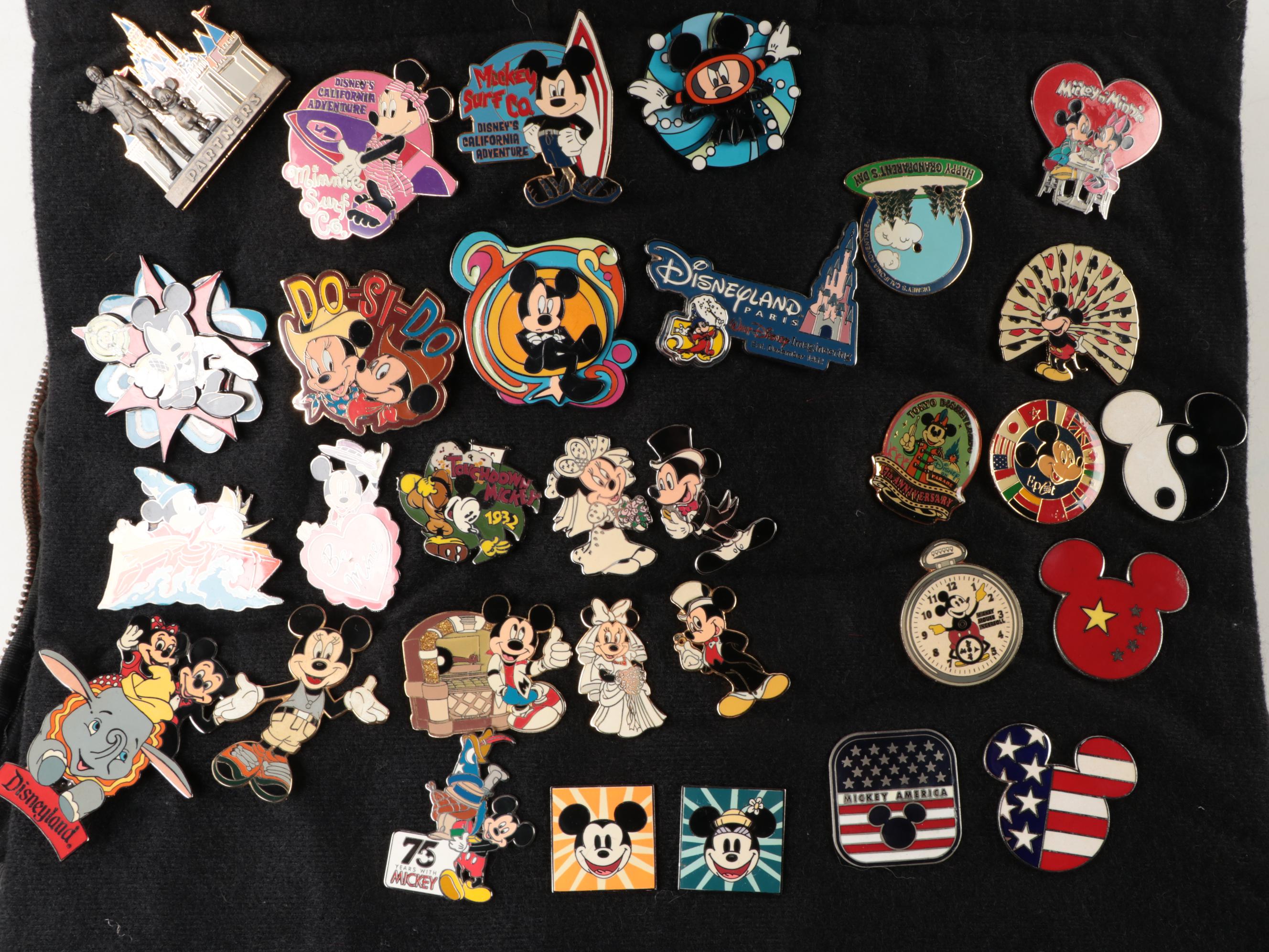 Disney Character Pinbacks Including Mickey, Winnie, Donald, Dumbo, and More