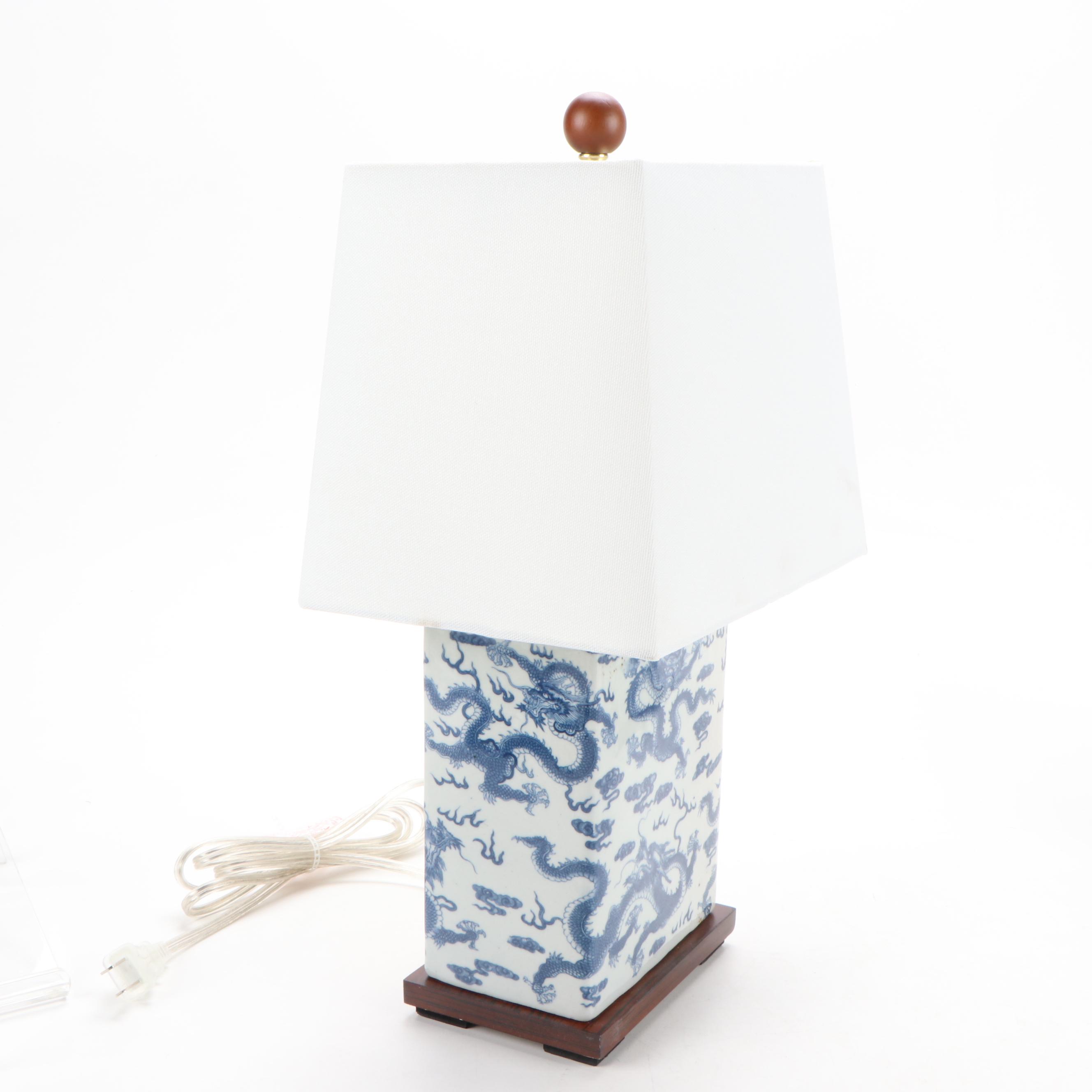 Pair of Ralph Lauren Blue and White Table Lamps with Dragon Design