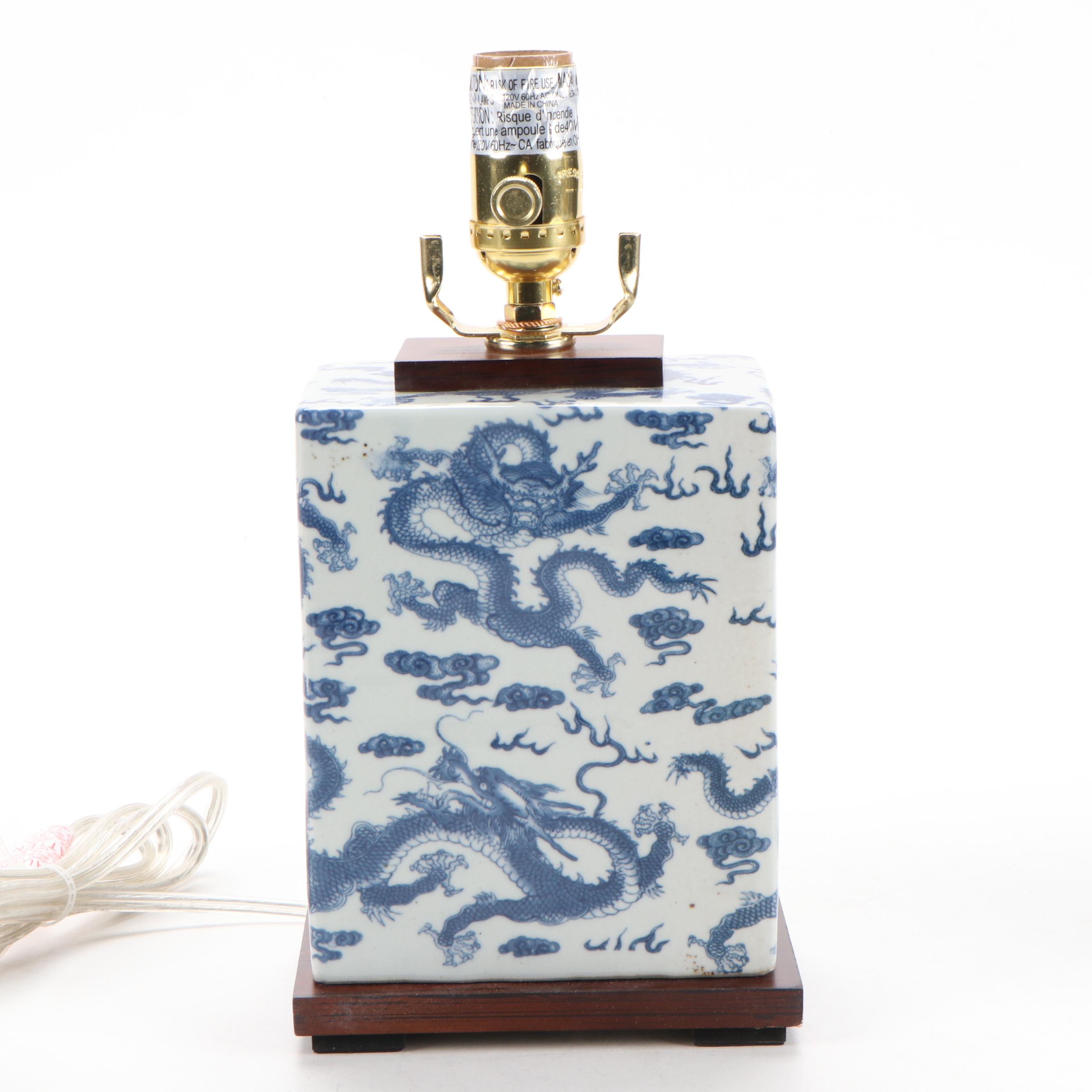 Pair of Ralph Lauren Blue and White Table Lamps with Dragon Design