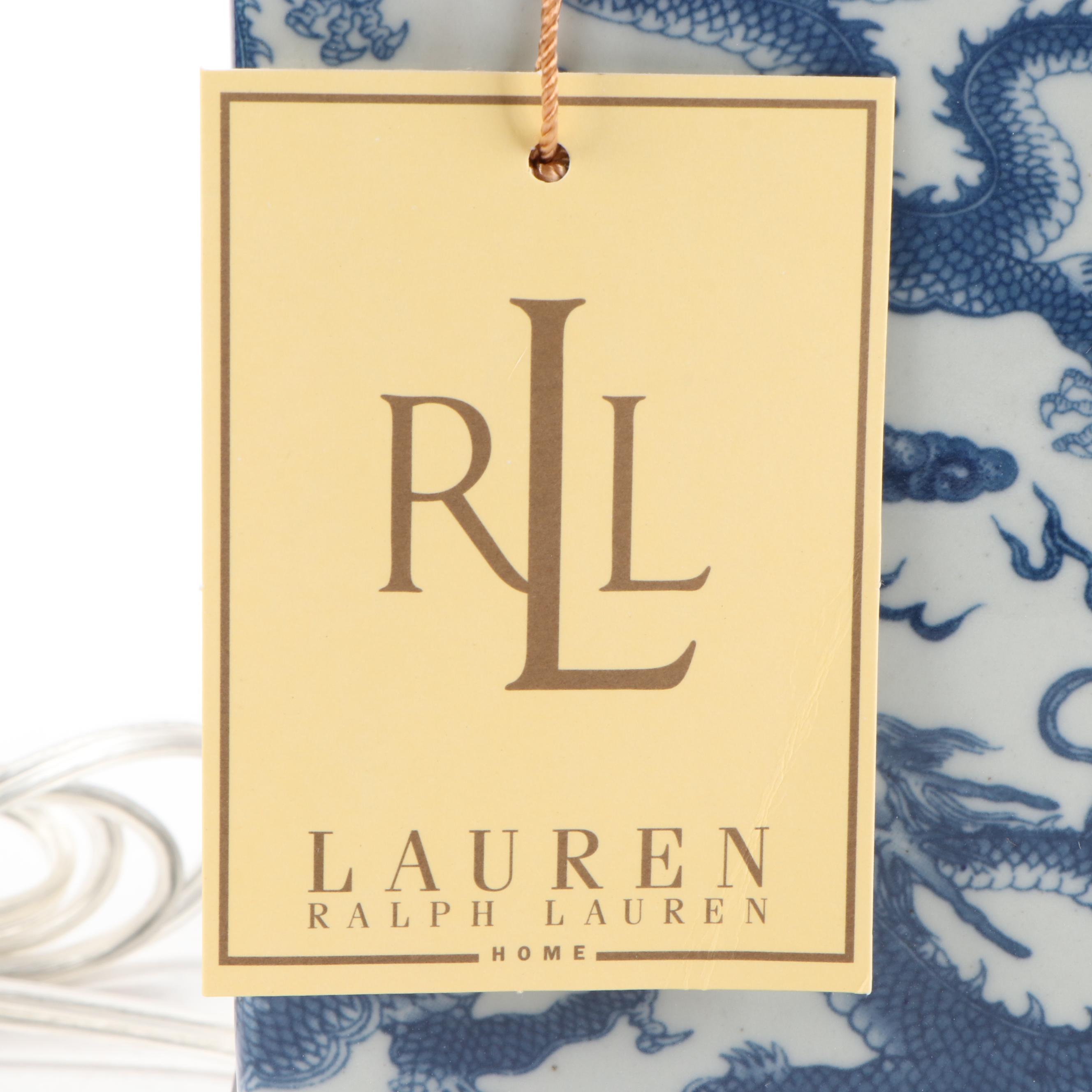 Pair of Ralph Lauren Blue and White Table Lamps with Dragon Design