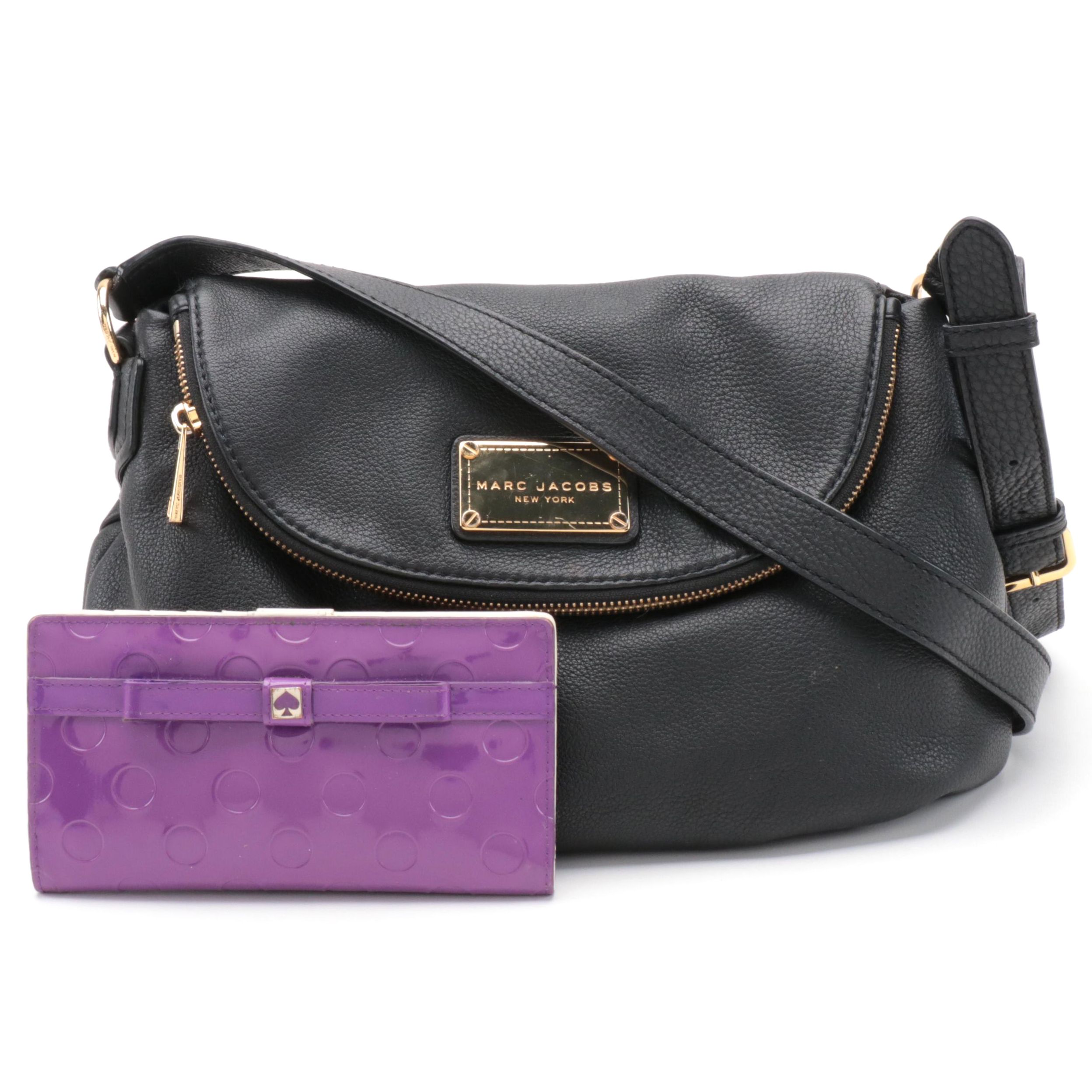 Marc Jacobs Saddle Bag in Black Leather with Kate Spade Purple Dot Bow Wallet