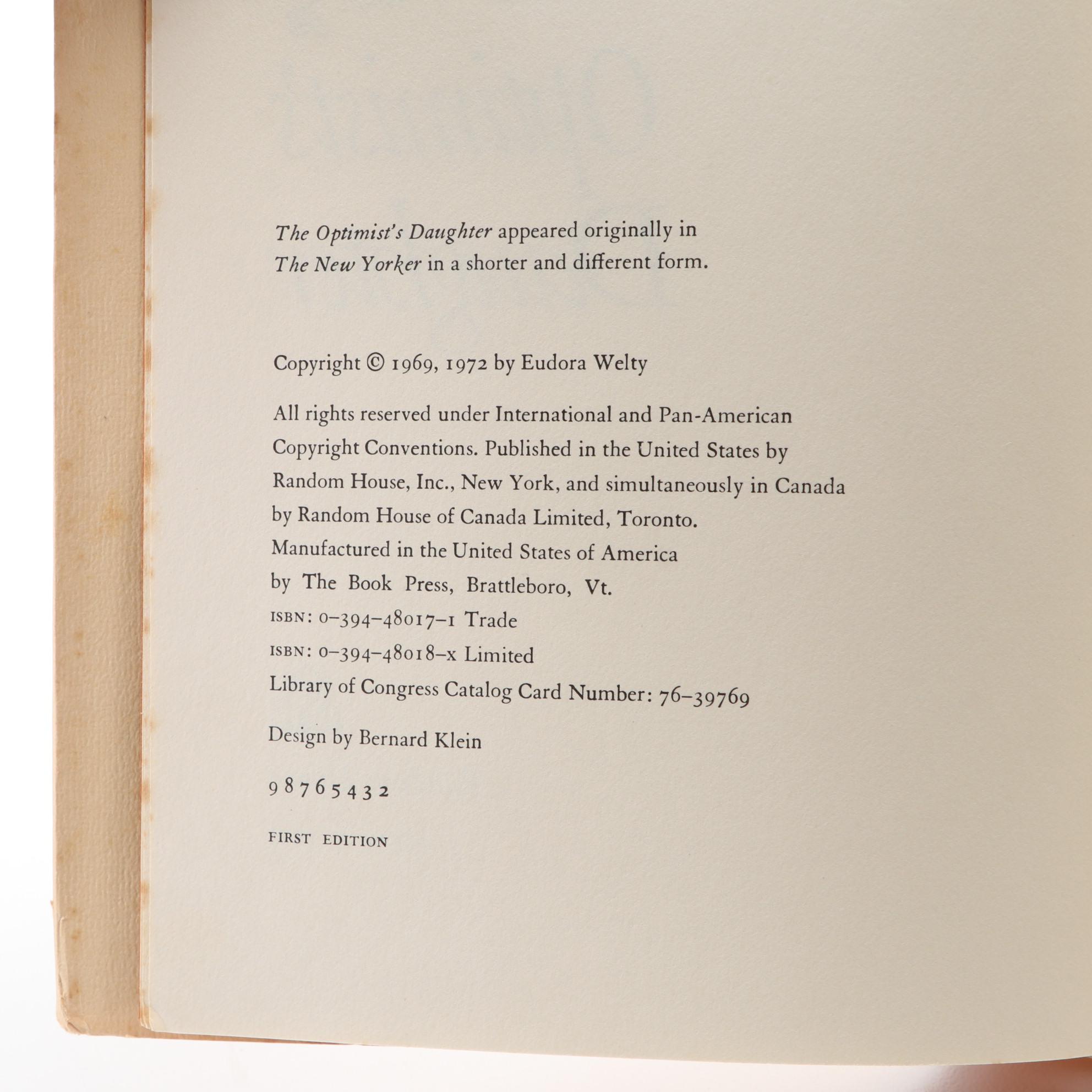 First Edition "The Optimist's Daughter" by Eudora Welty, 1972