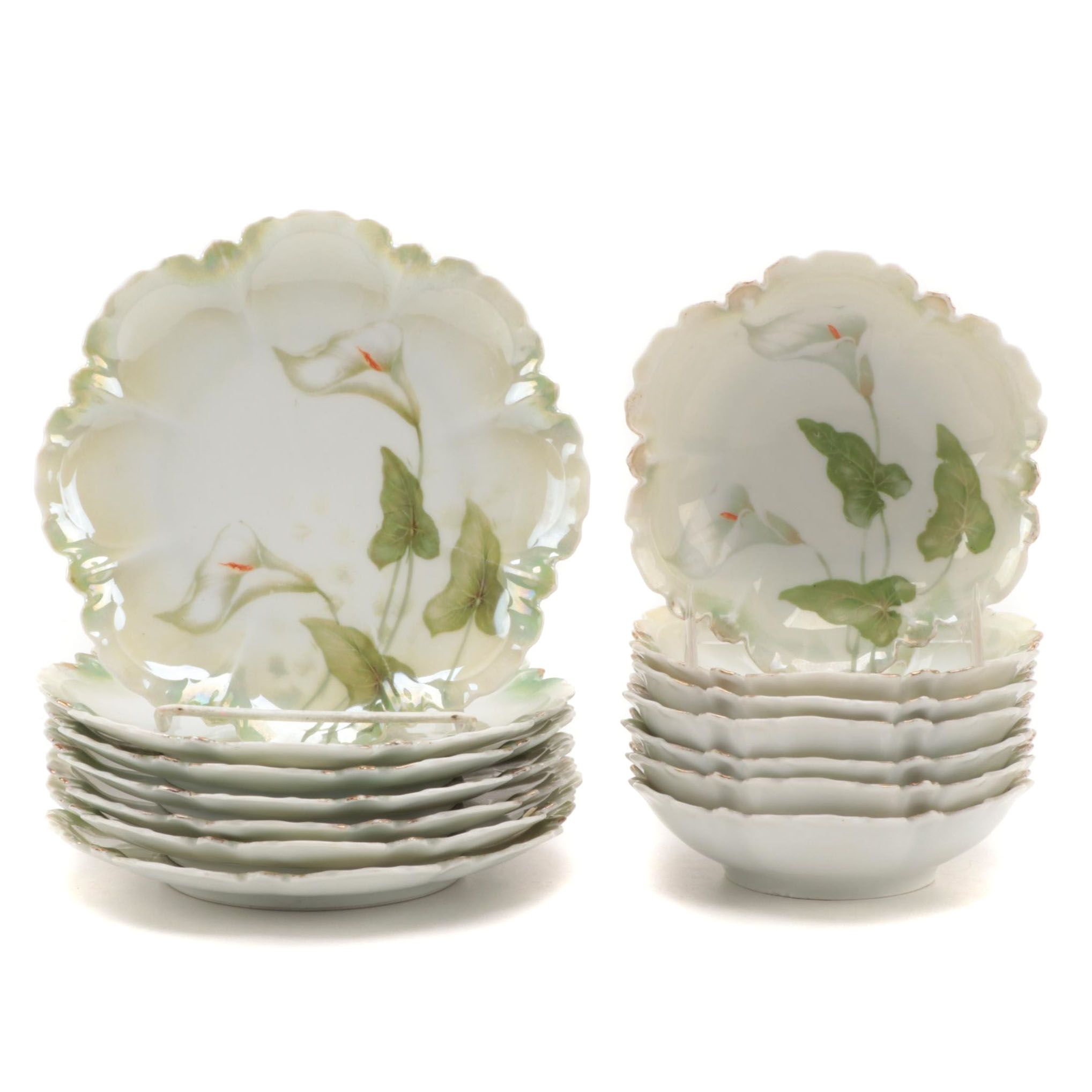 Reinhold Schlegelmilch Calla Lily Decorated Porcelain Dessert Bowls and Plates