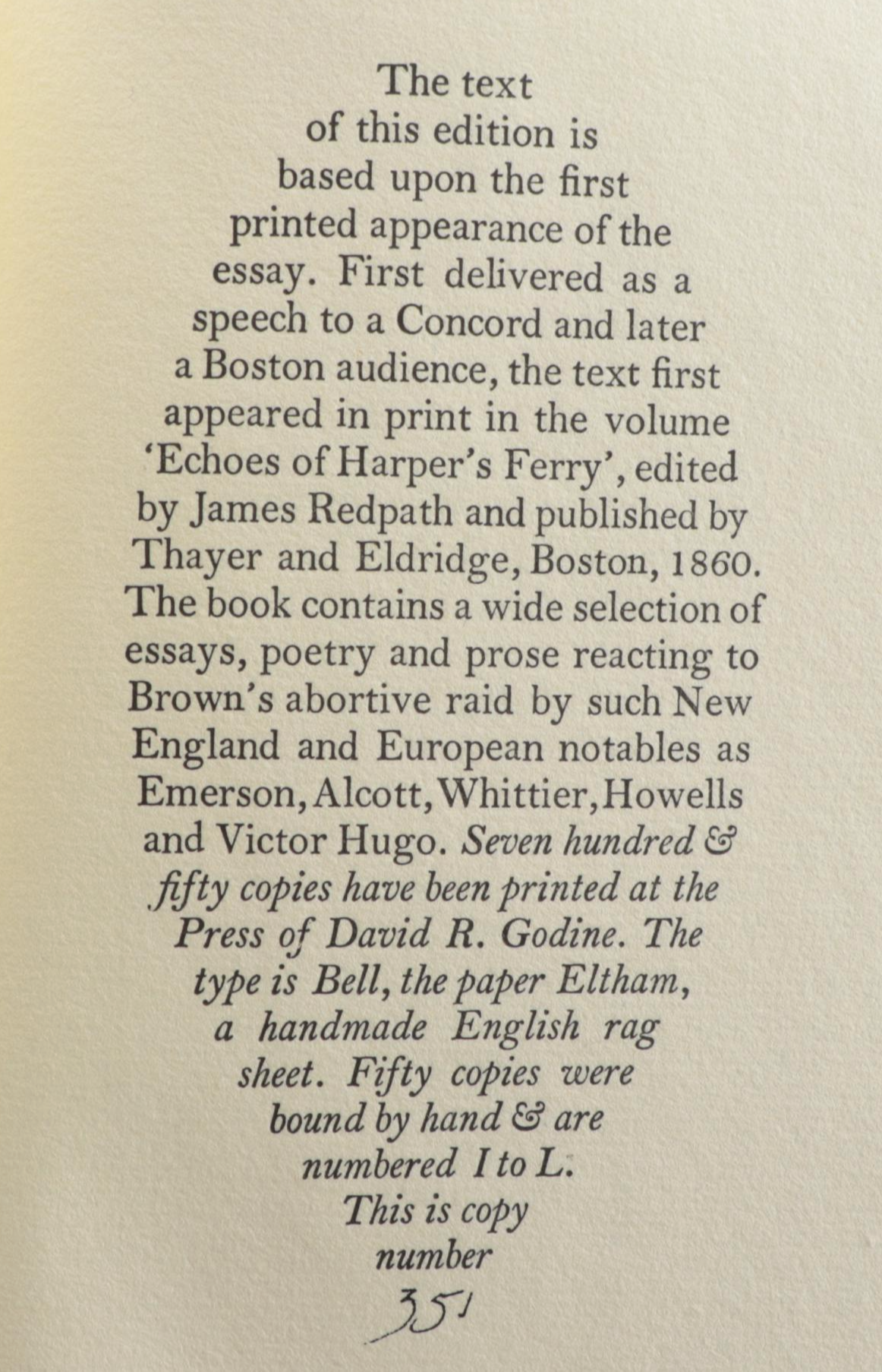 Limited Edition "A Plea for Captain John Brown" by Henry David Thoreau, 1969