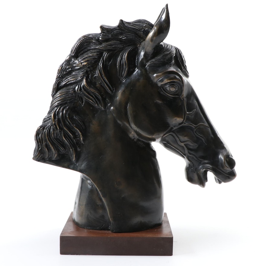 Bronze Horse Head on Walnut Plinth Base