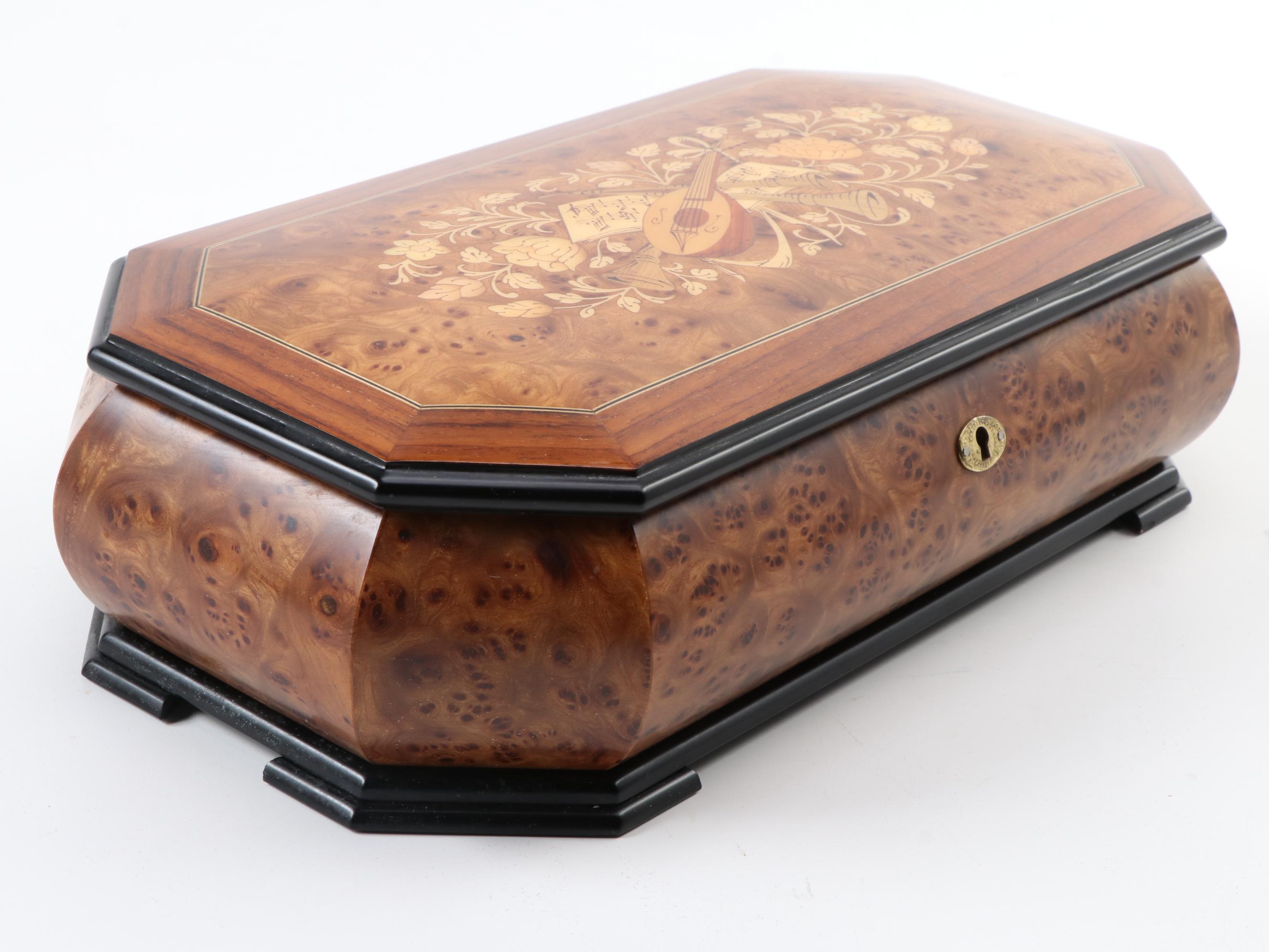 Italian Burl Wood and Marquetry Inlaid Musical Jewelry Box