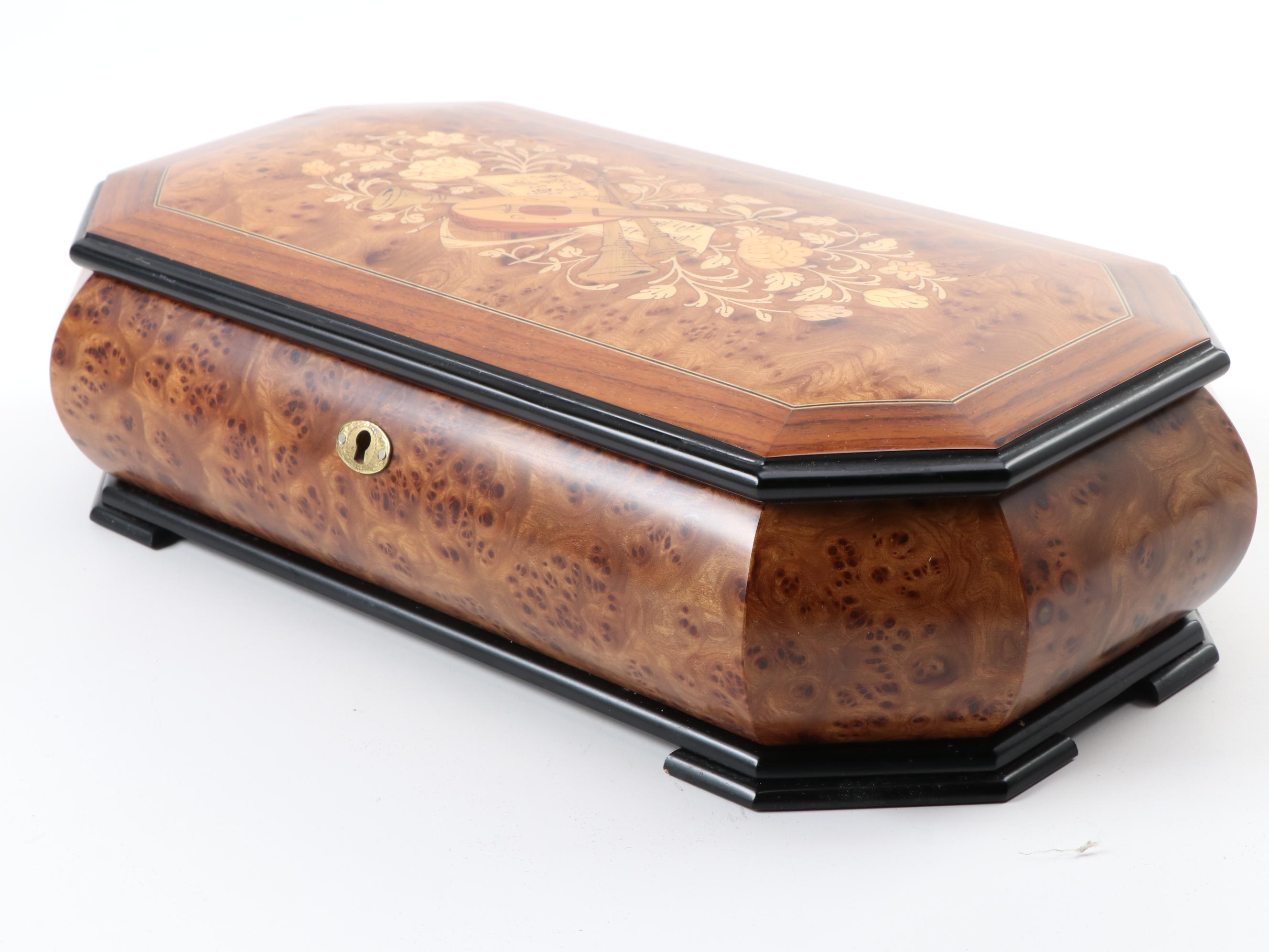 Italian Burl Wood and Marquetry Inlaid Musical Jewelry Box