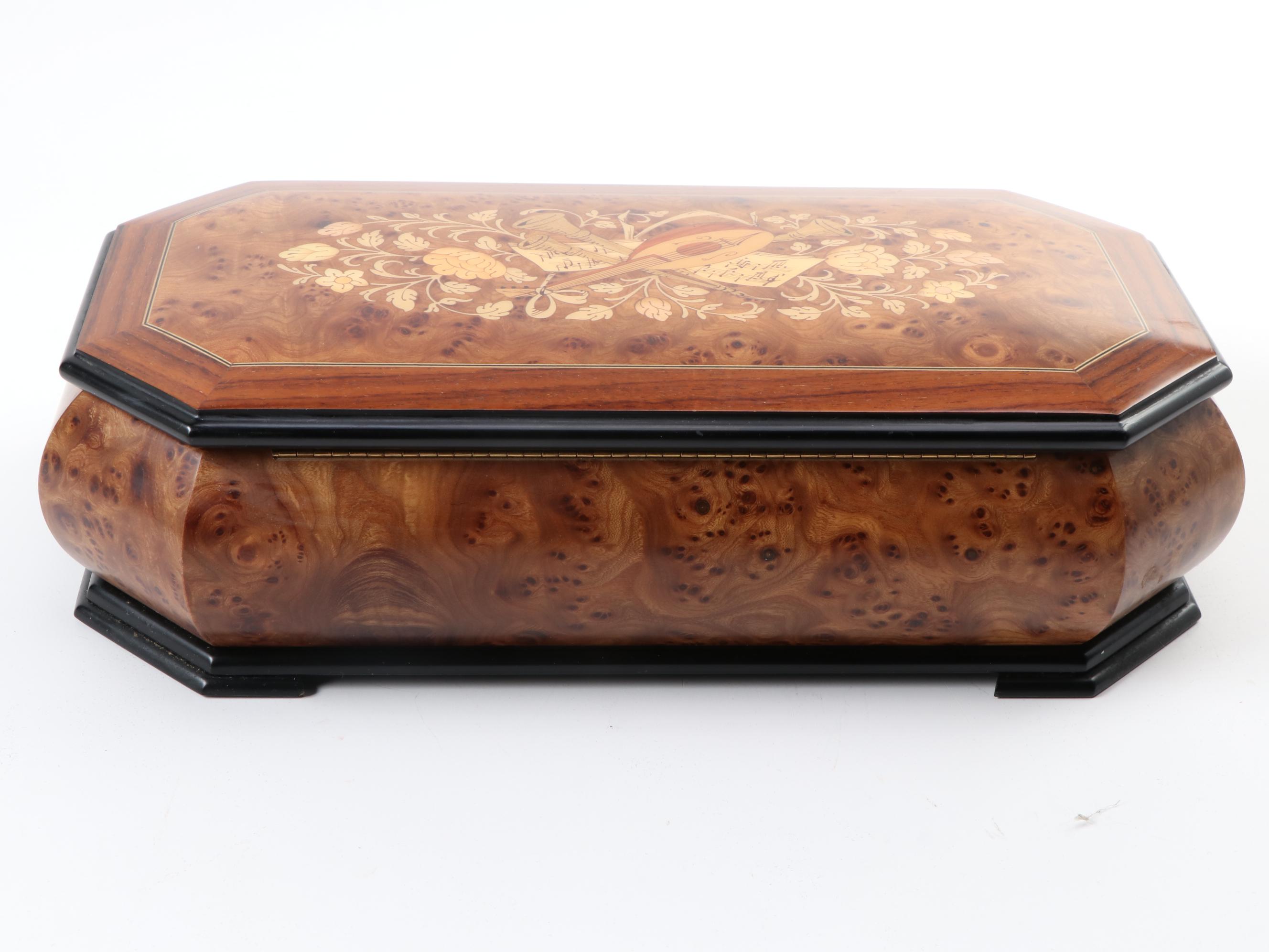 Italian Burl Wood and Marquetry Inlaid Musical Jewelry Box