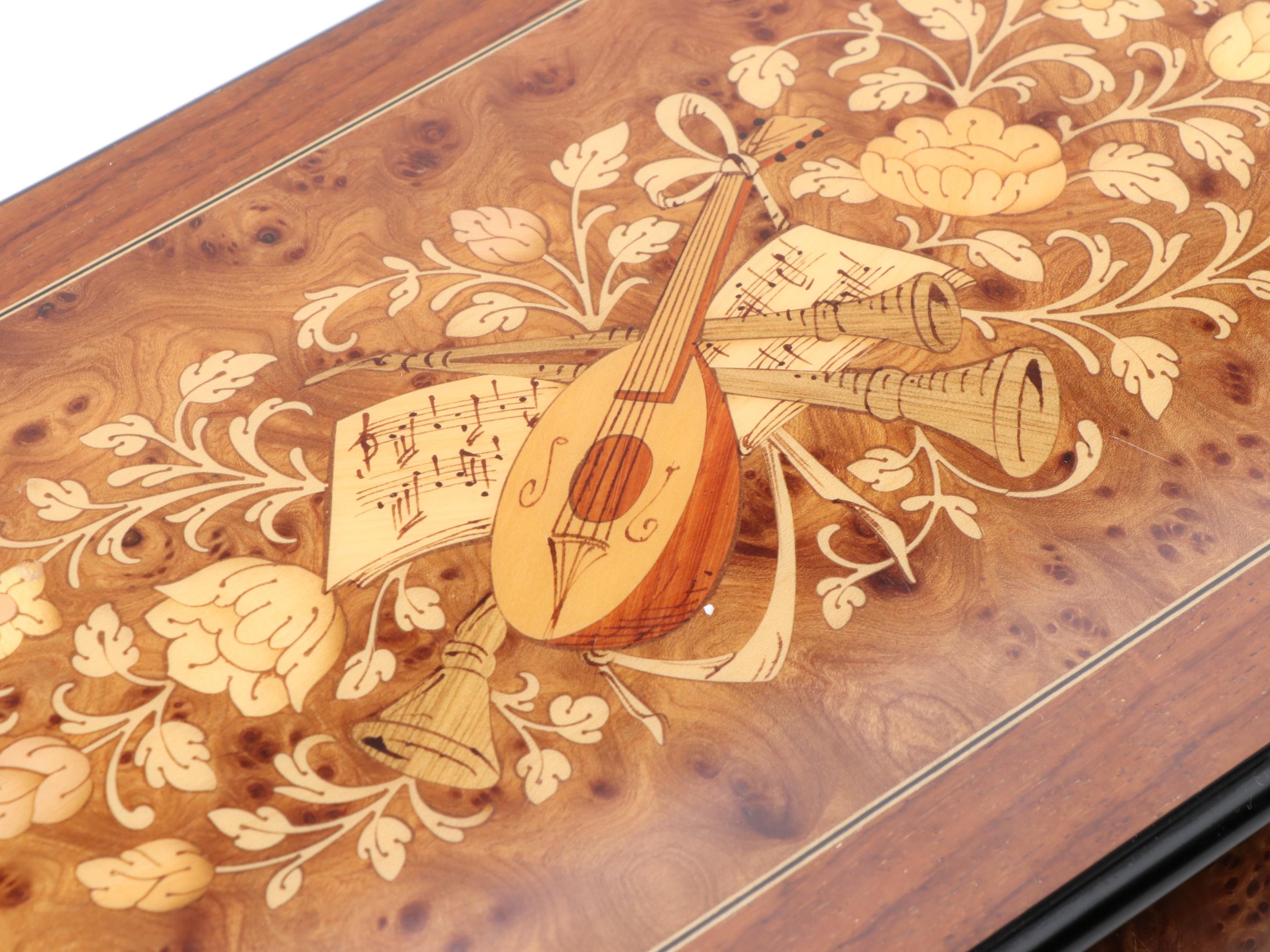 Italian Burl Wood and Marquetry Inlaid Musical Jewelry Box