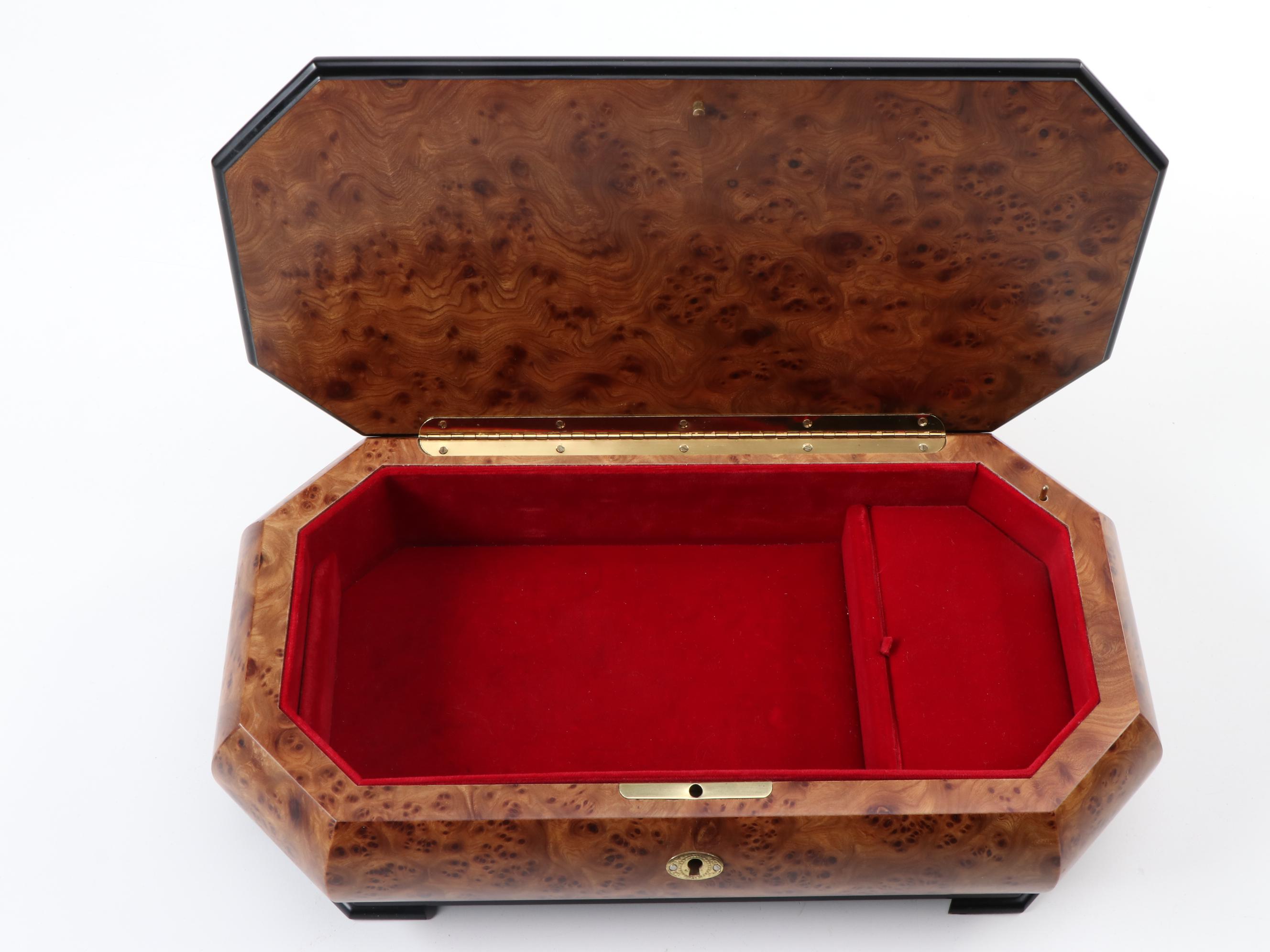 Italian Burl Wood and Marquetry Inlaid Musical Jewelry Box