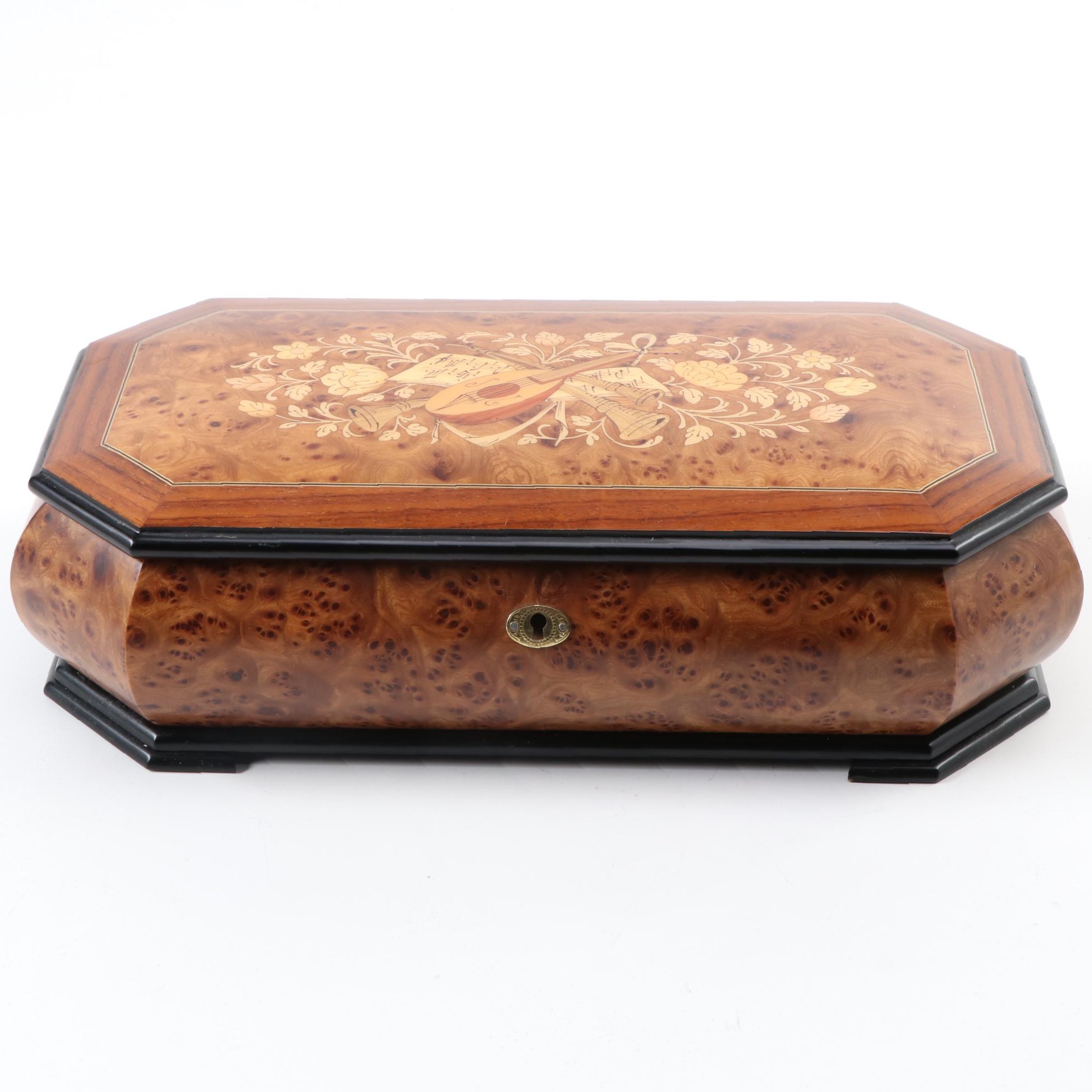 Italian Burl Wood and Marquetry Inlaid Musical Jewelry Box
