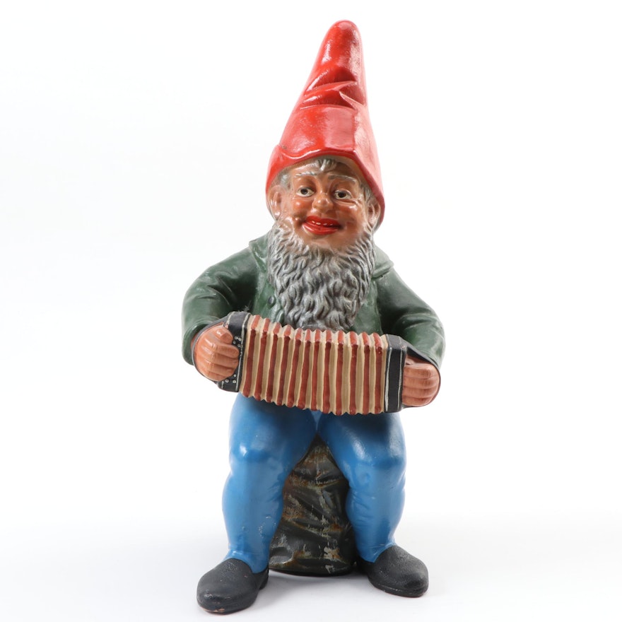 Painted Terracotta Garden Figure of Gnome Playing Accordion