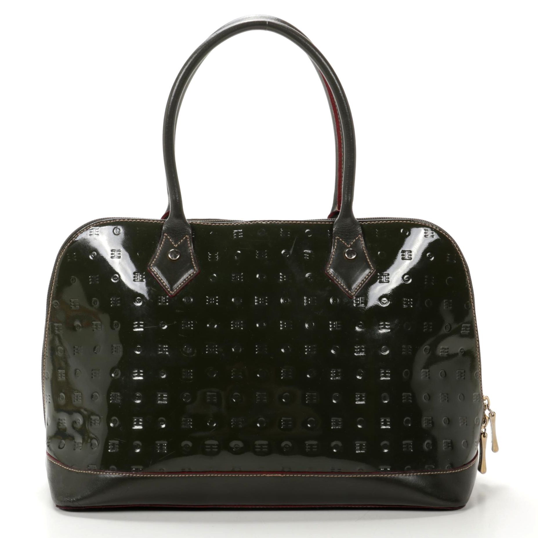 Arcadia Patent Leather and Leather Bowler Bag