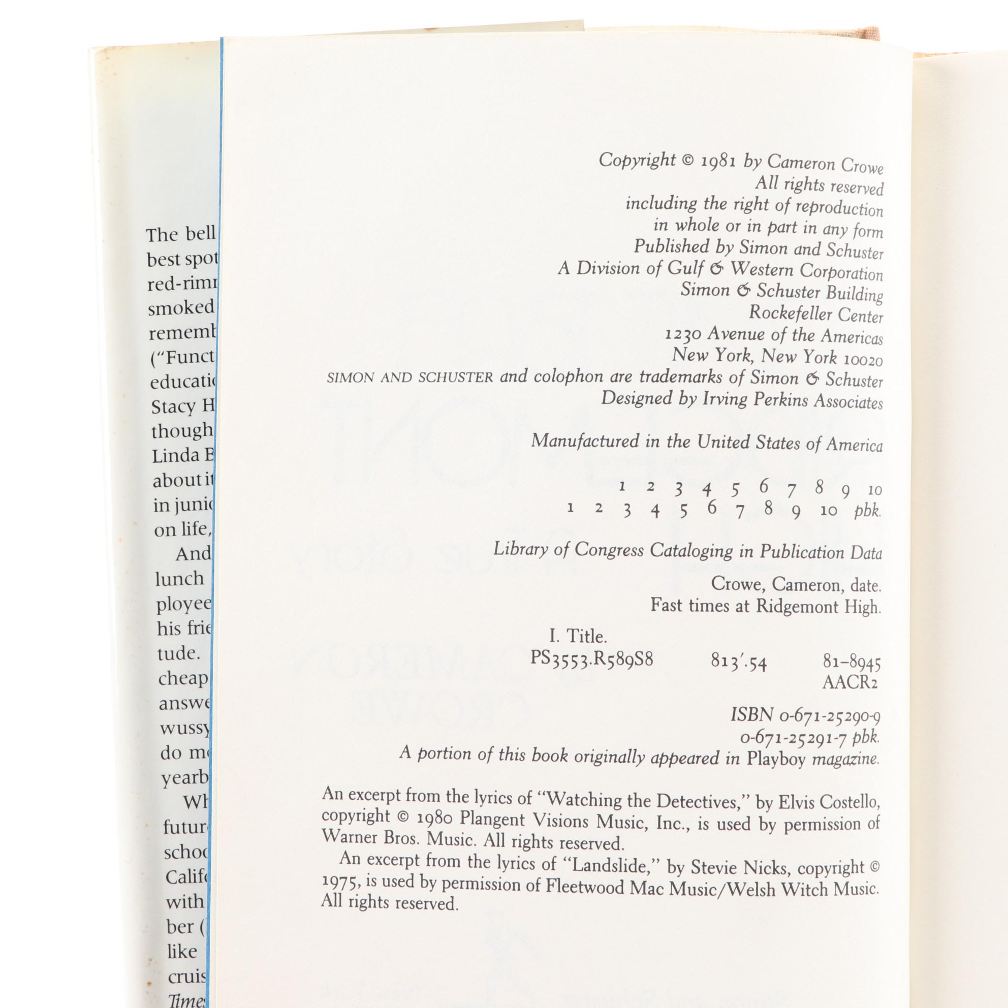 First Edition "Fast Times at Ridgemont High" by Cameron Crowe, 1981