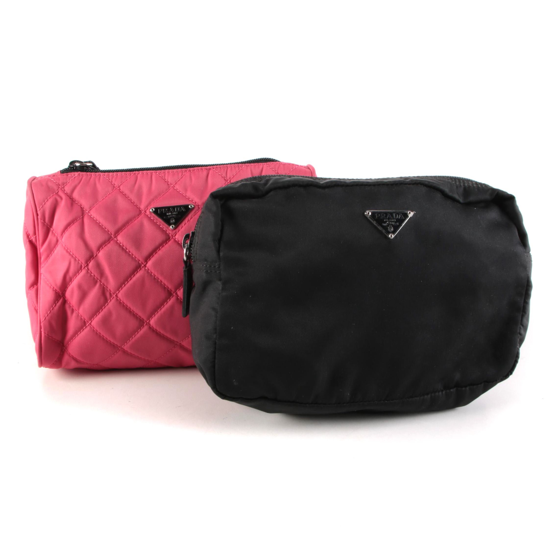 Prada Pink Quilted and Black Tessuto Accessory Pouches
