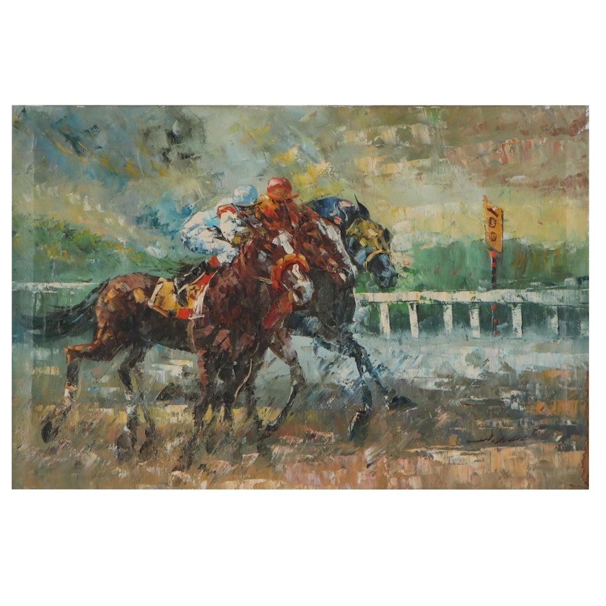 Anthony Veccio Oil Painting of a Horse Race, Late 20th Century