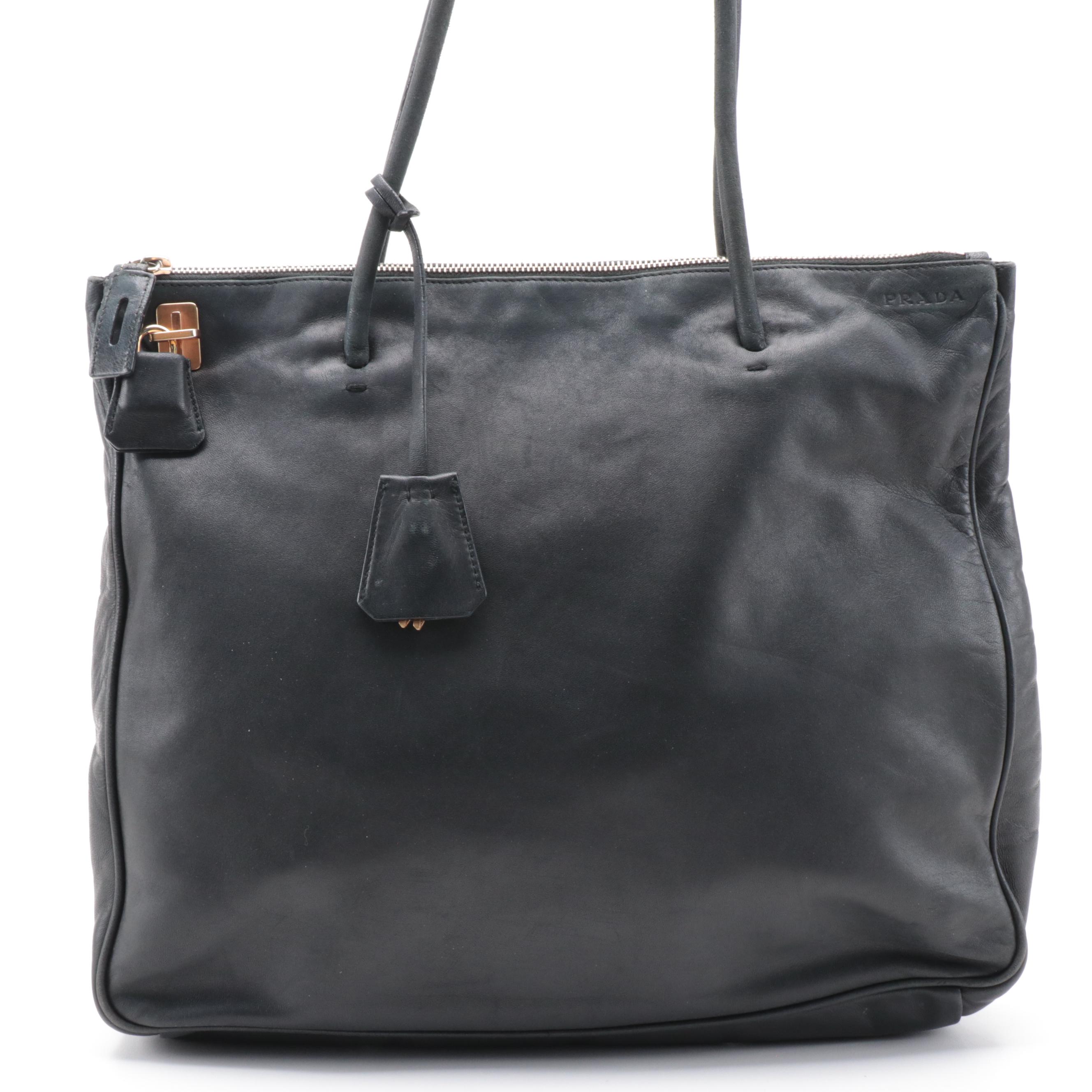 Prada Locking Shoulder Tote in Nero Daino Leather