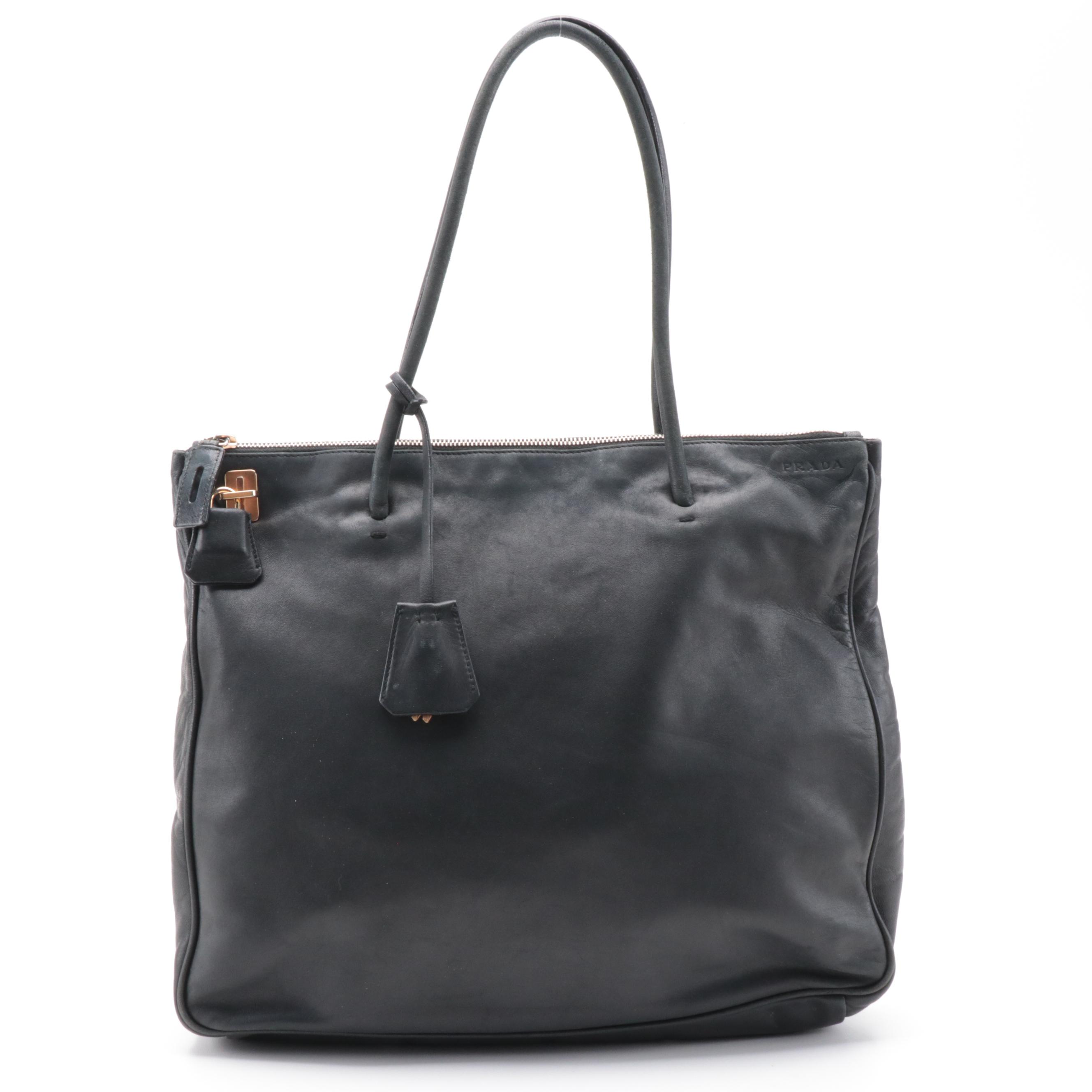 Prada Locking Shoulder Tote in Nero Daino Leather