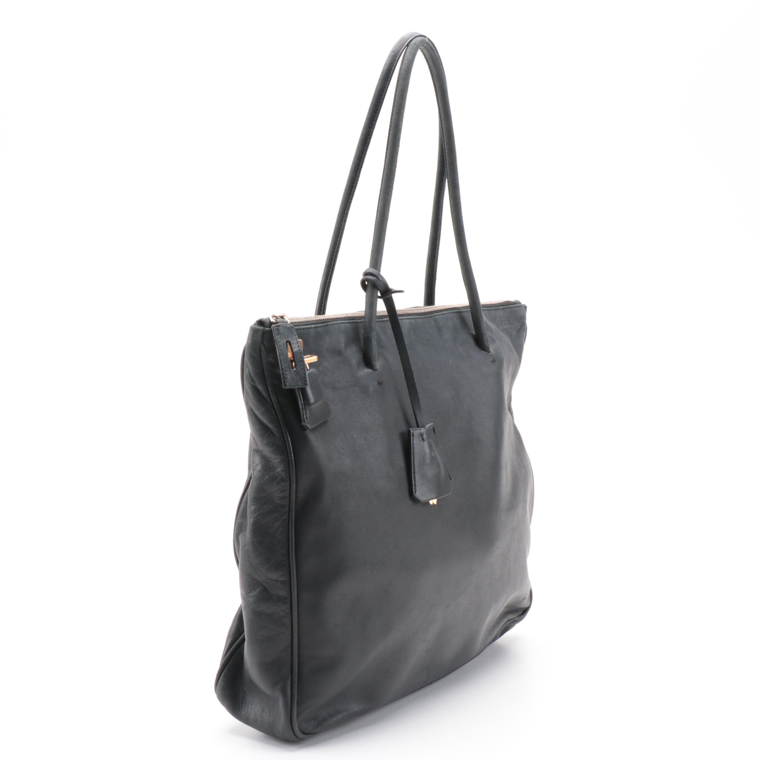 Prada Locking Shoulder Tote in Nero Daino Leather