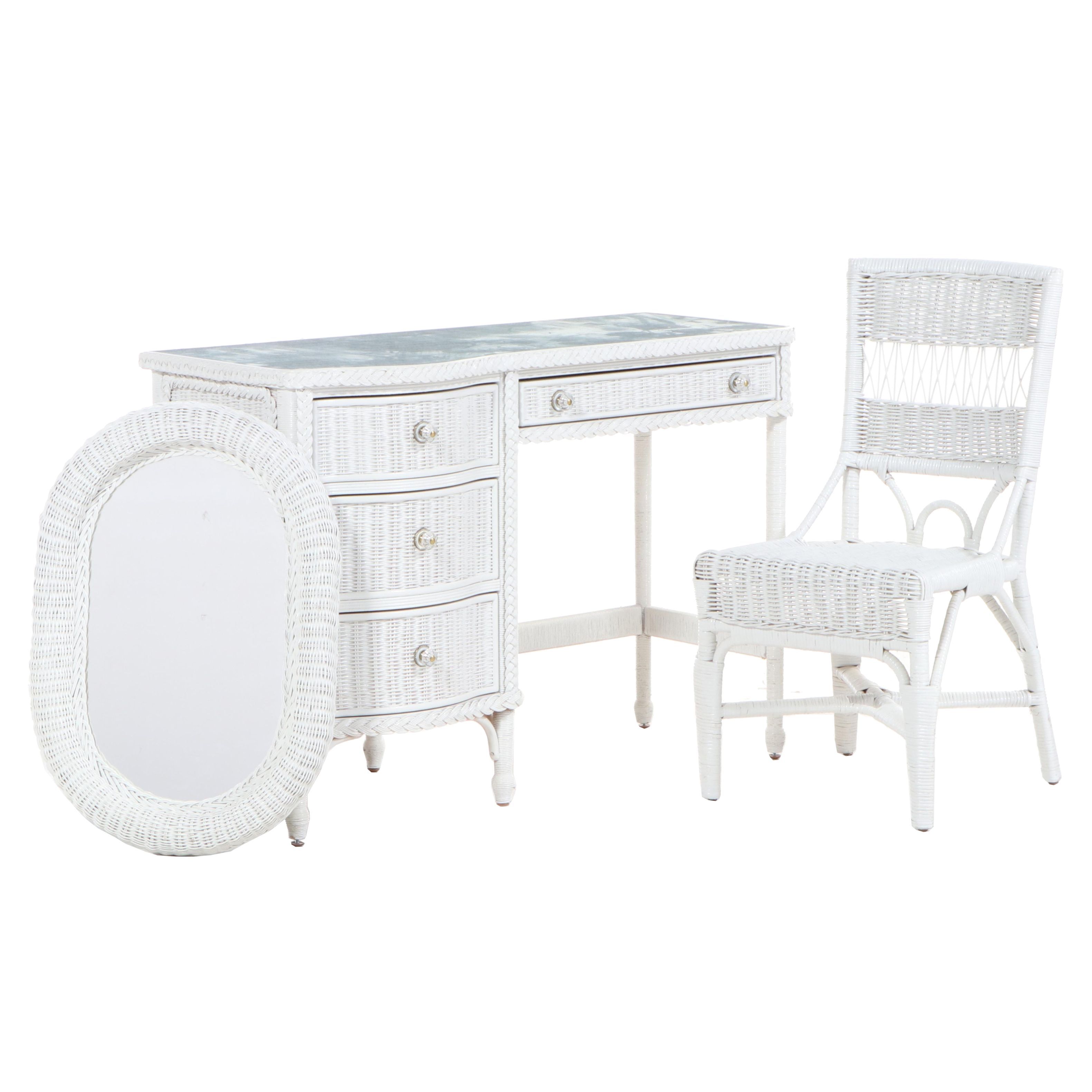 Henry Link for Lexington White Wicker Glass Top Vanity with Mirror, Chair, Other
