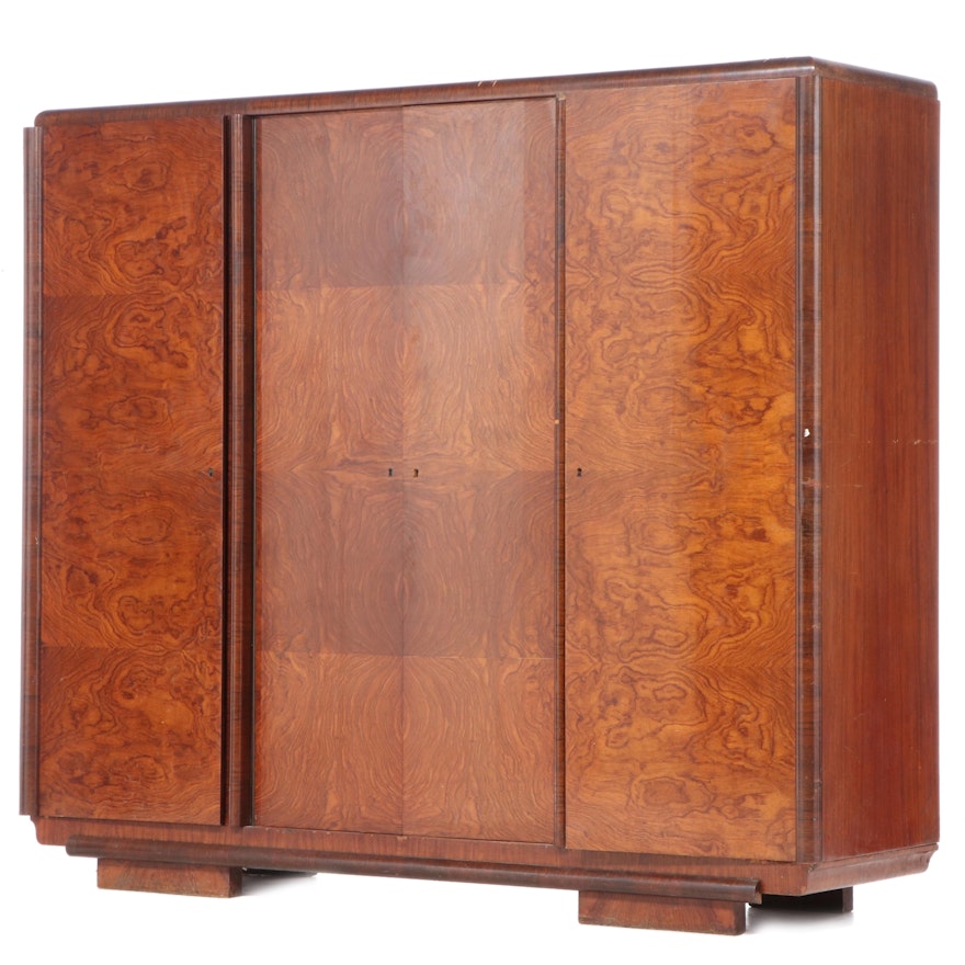 Art Deco Walnut Triple Wardrobe, circa 1930