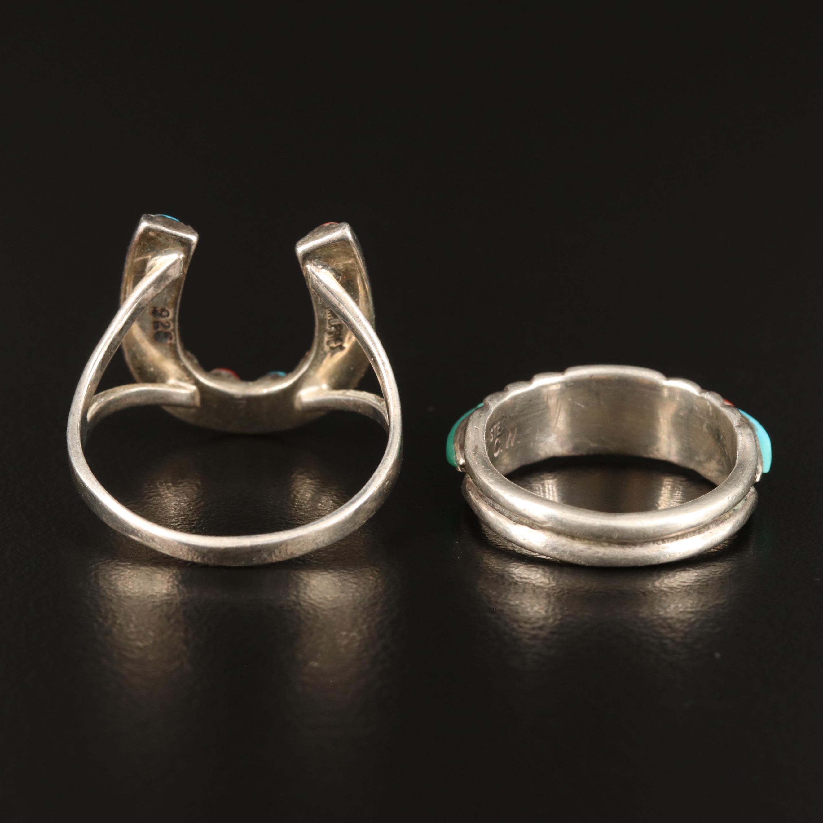 Sterling Band and Ring Including Spiny Oyster, Coral, Mother of Pearl and More