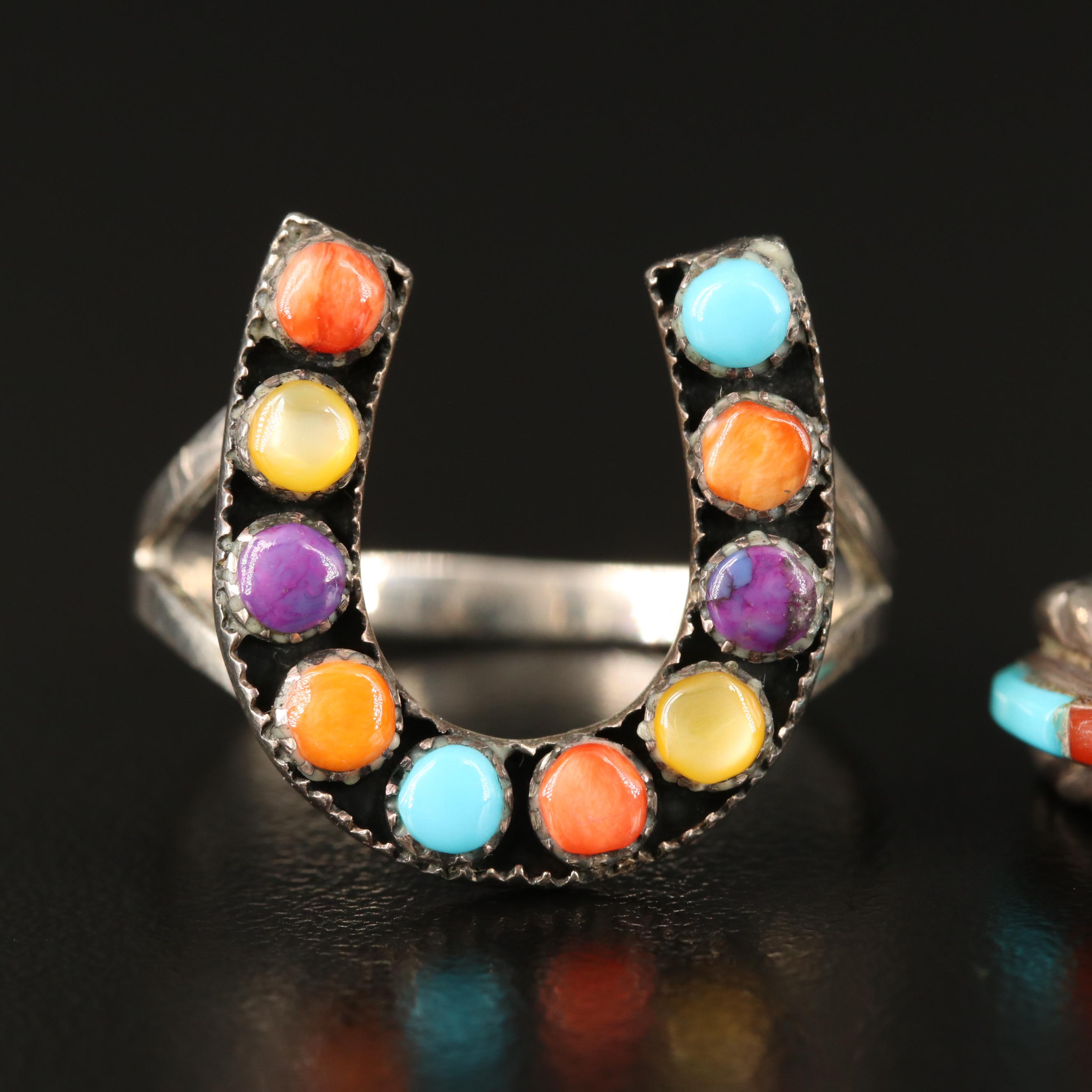 Sterling Band and Ring Including Spiny Oyster, Coral, Mother of Pearl and More