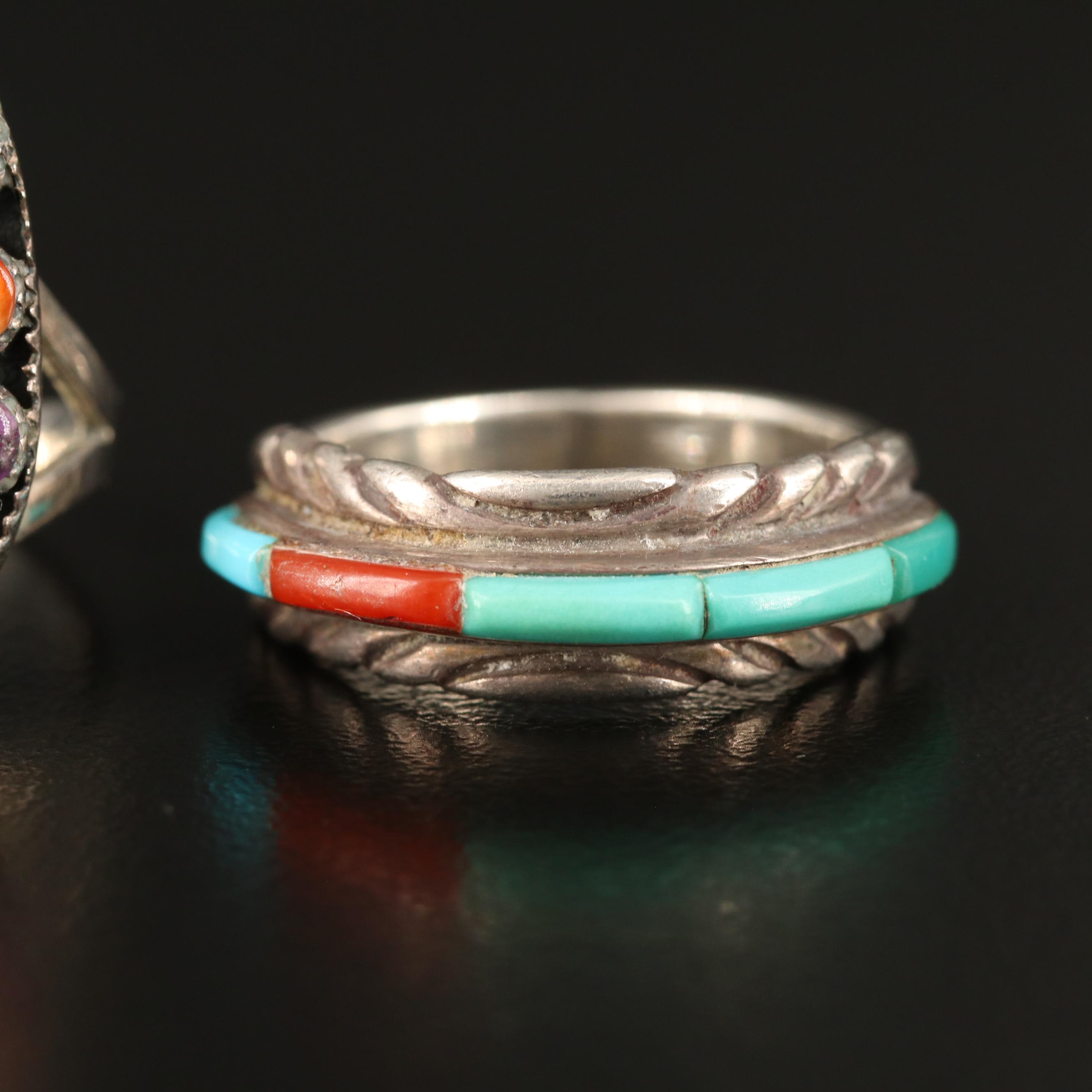 Sterling Band and Ring Including Spiny Oyster, Coral, Mother of Pearl and More