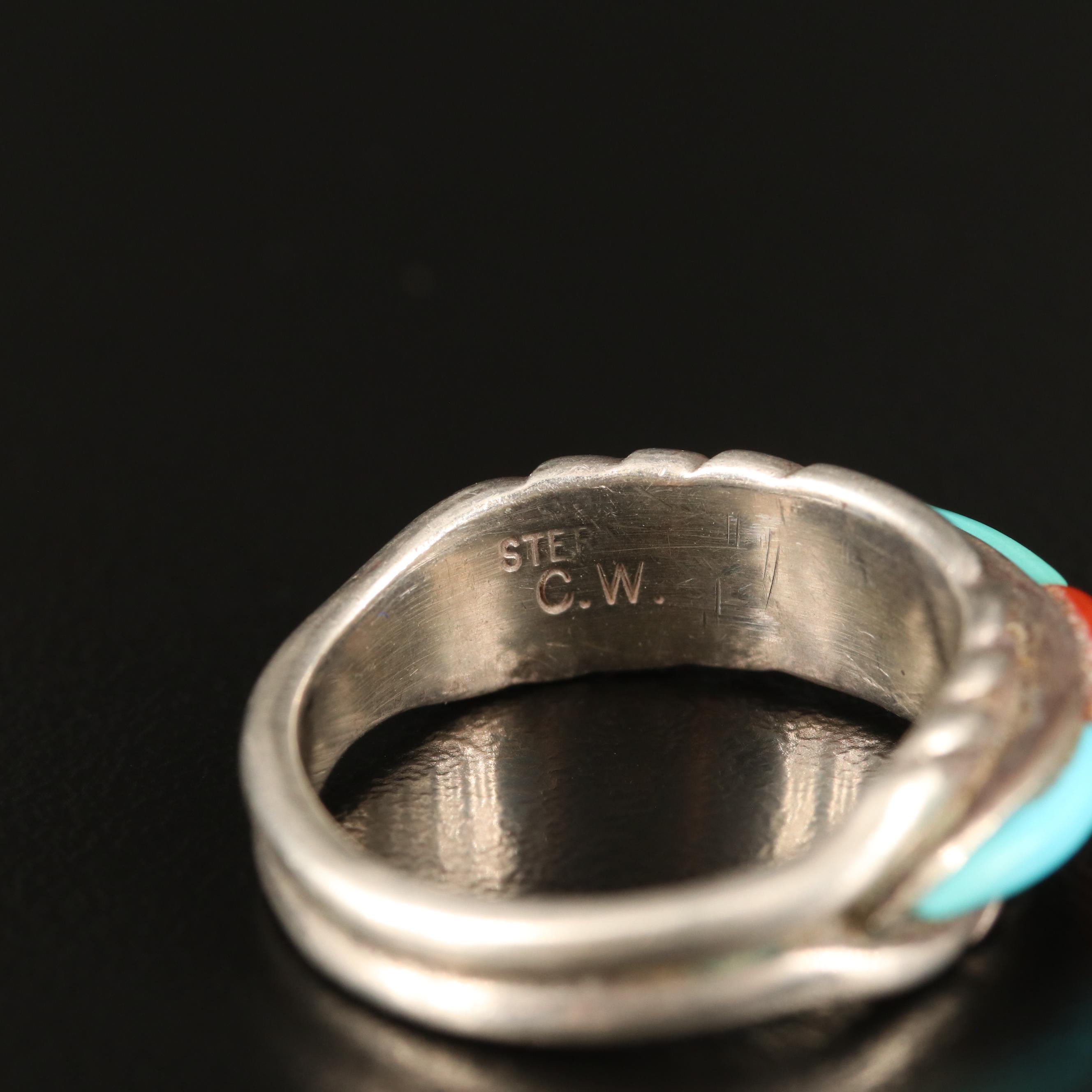 Sterling Band and Ring Including Spiny Oyster, Coral, Mother of Pearl and More