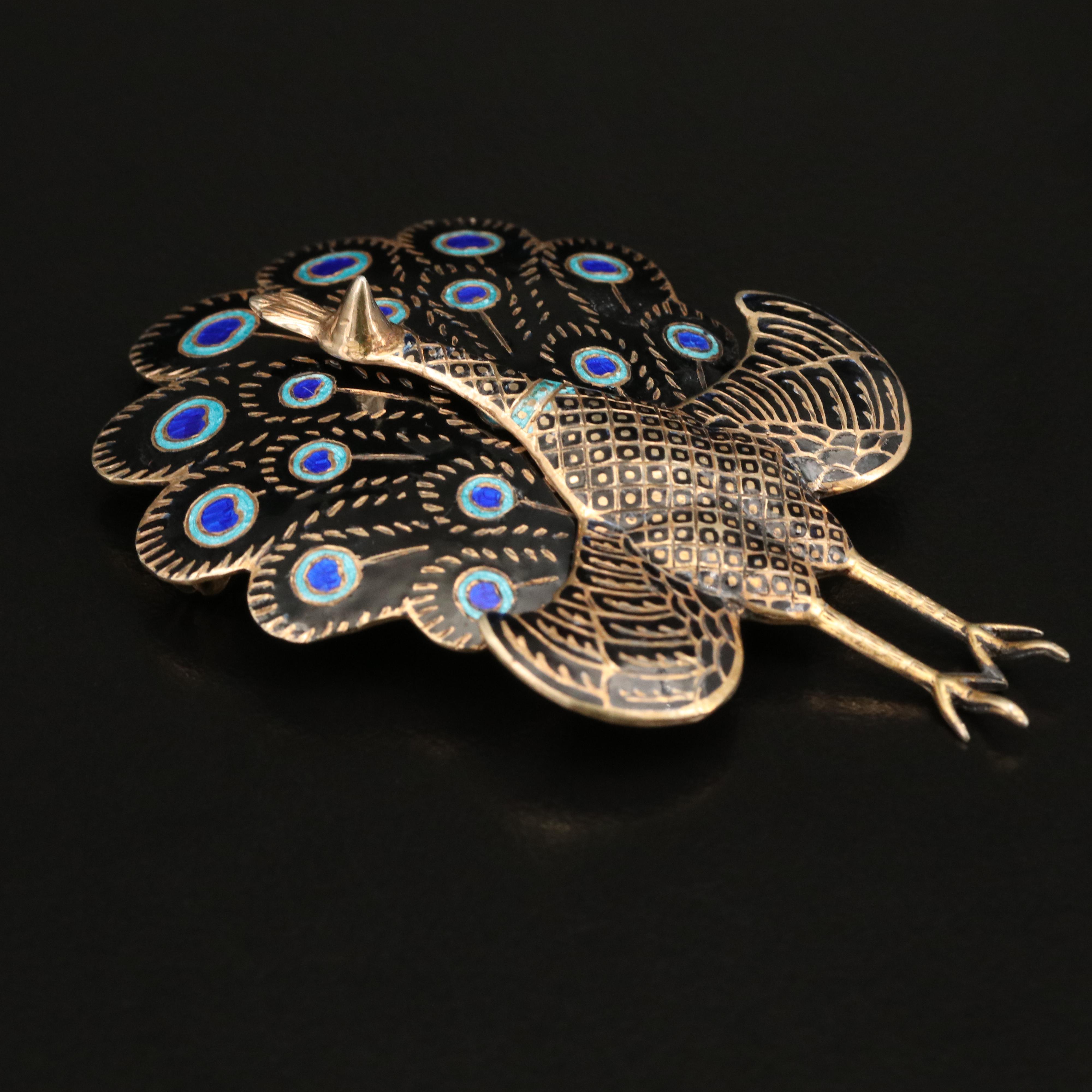 Southeast Asian Sterling Silver Articulated Peacock Brooch