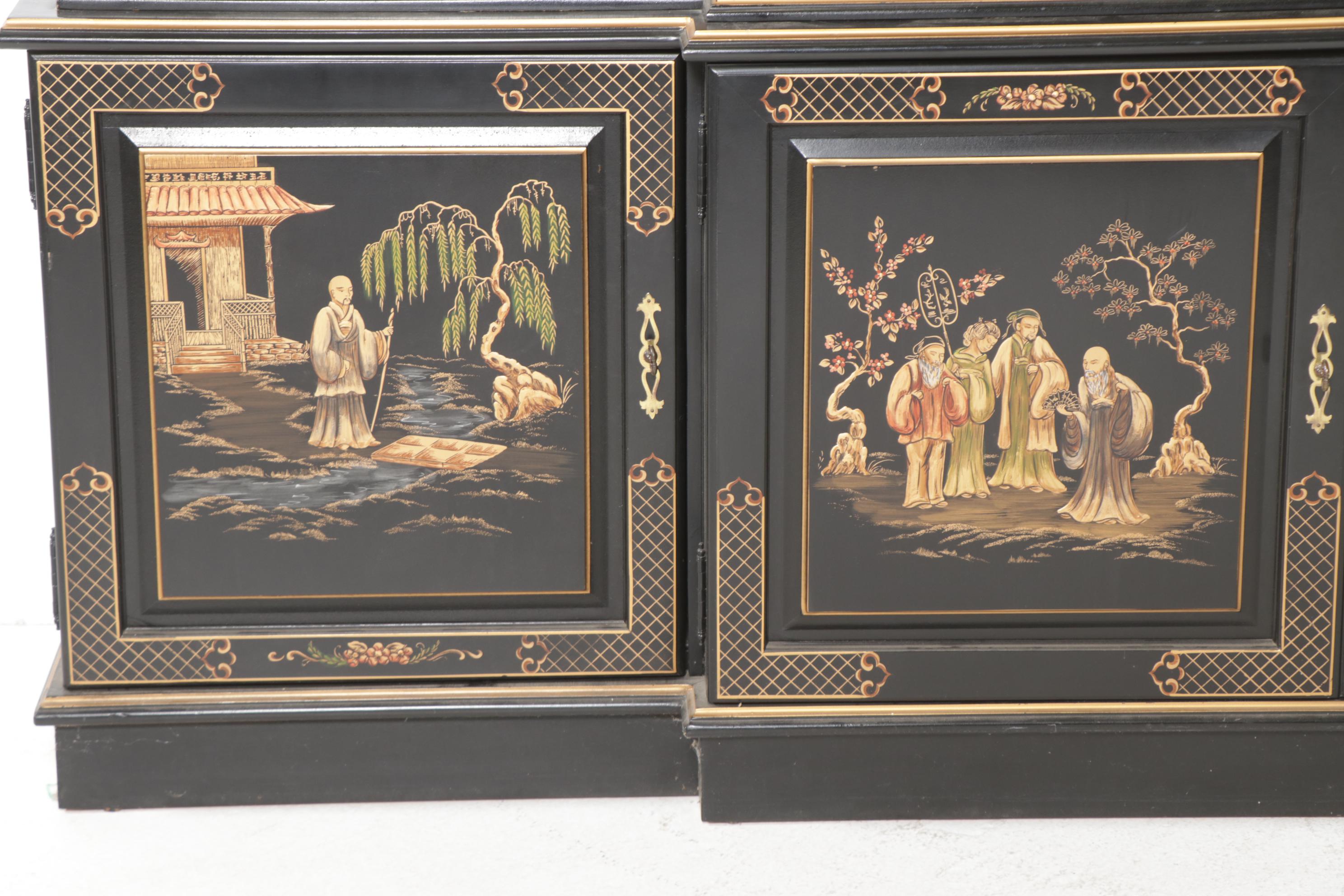 Chinoiserie-Decorated Gilt and Black-Lacquered Breakfront China Cabinet