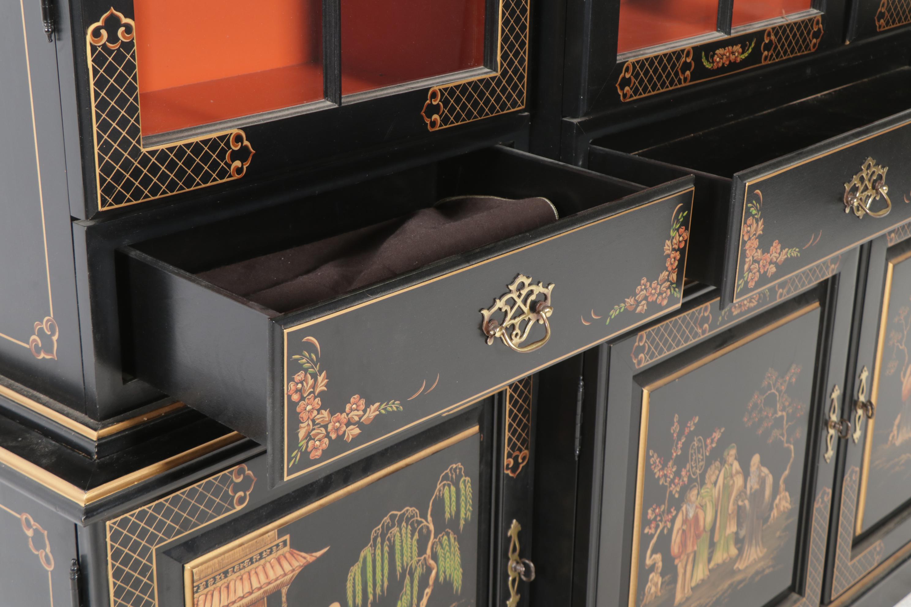 Chinoiserie-Decorated Gilt and Black-Lacquered Breakfront China Cabinet