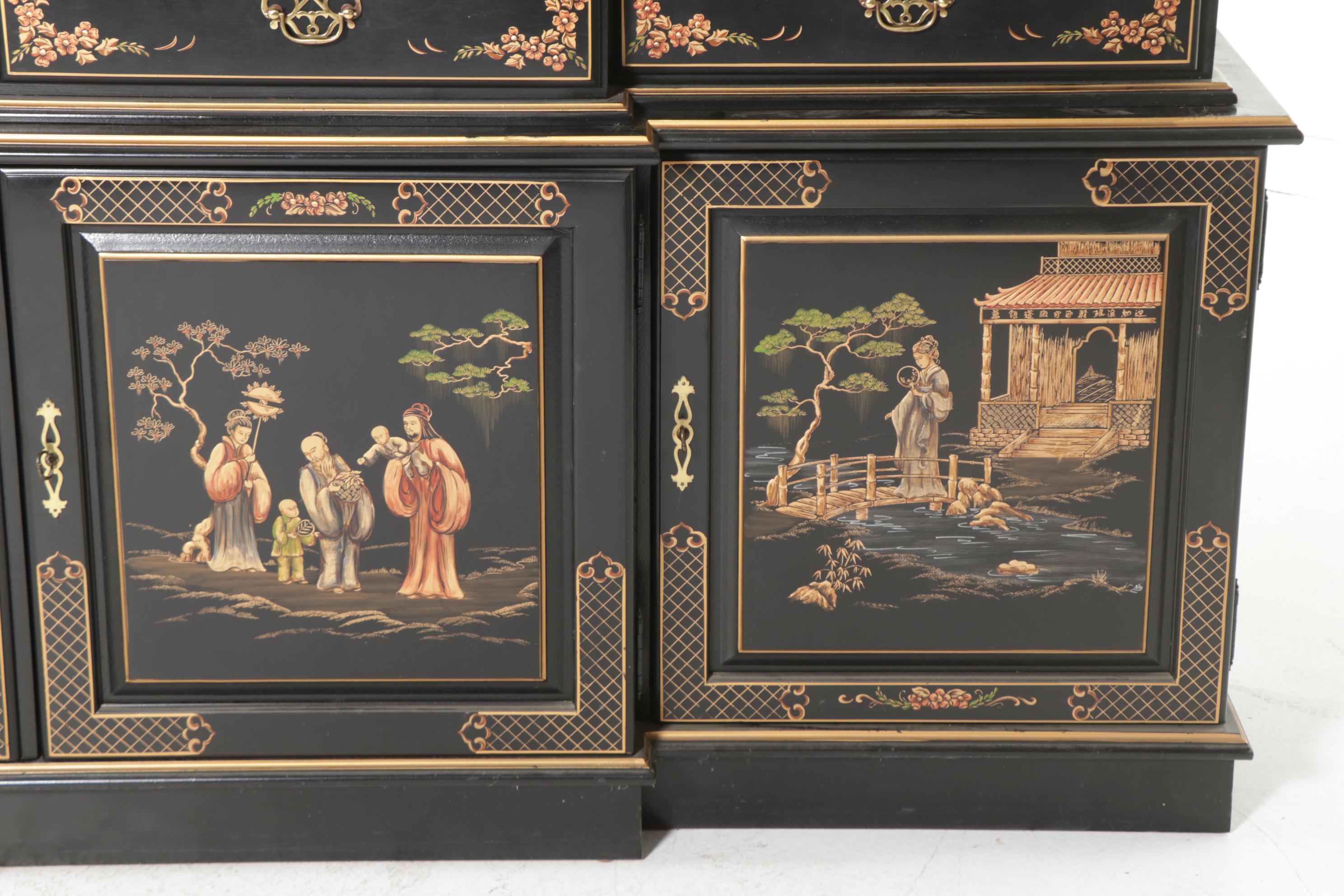 Chinoiserie-Decorated Gilt and Black-Lacquered Breakfront China Cabinet