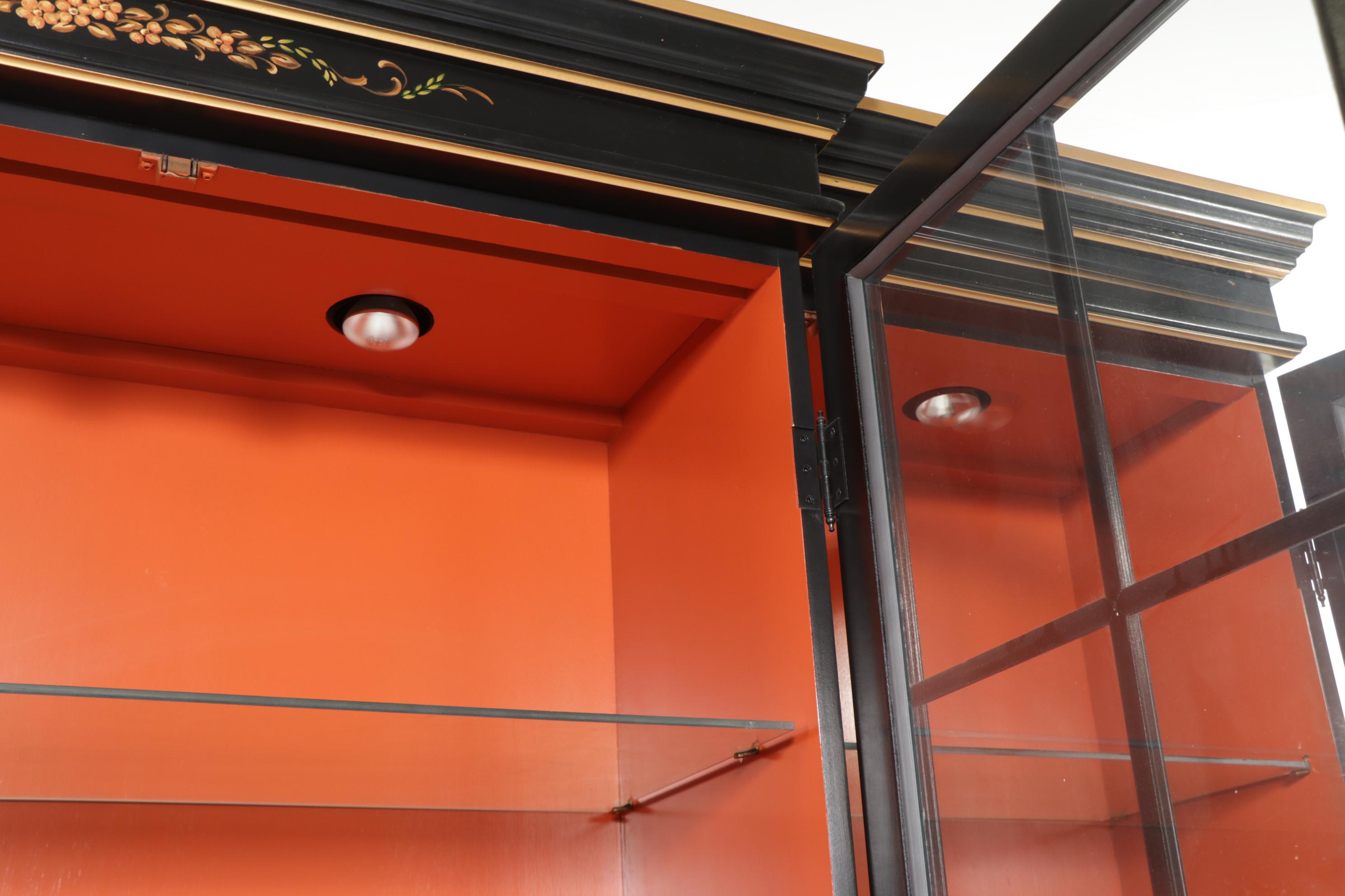 Chinoiserie-Decorated Gilt and Black-Lacquered Breakfront China Cabinet