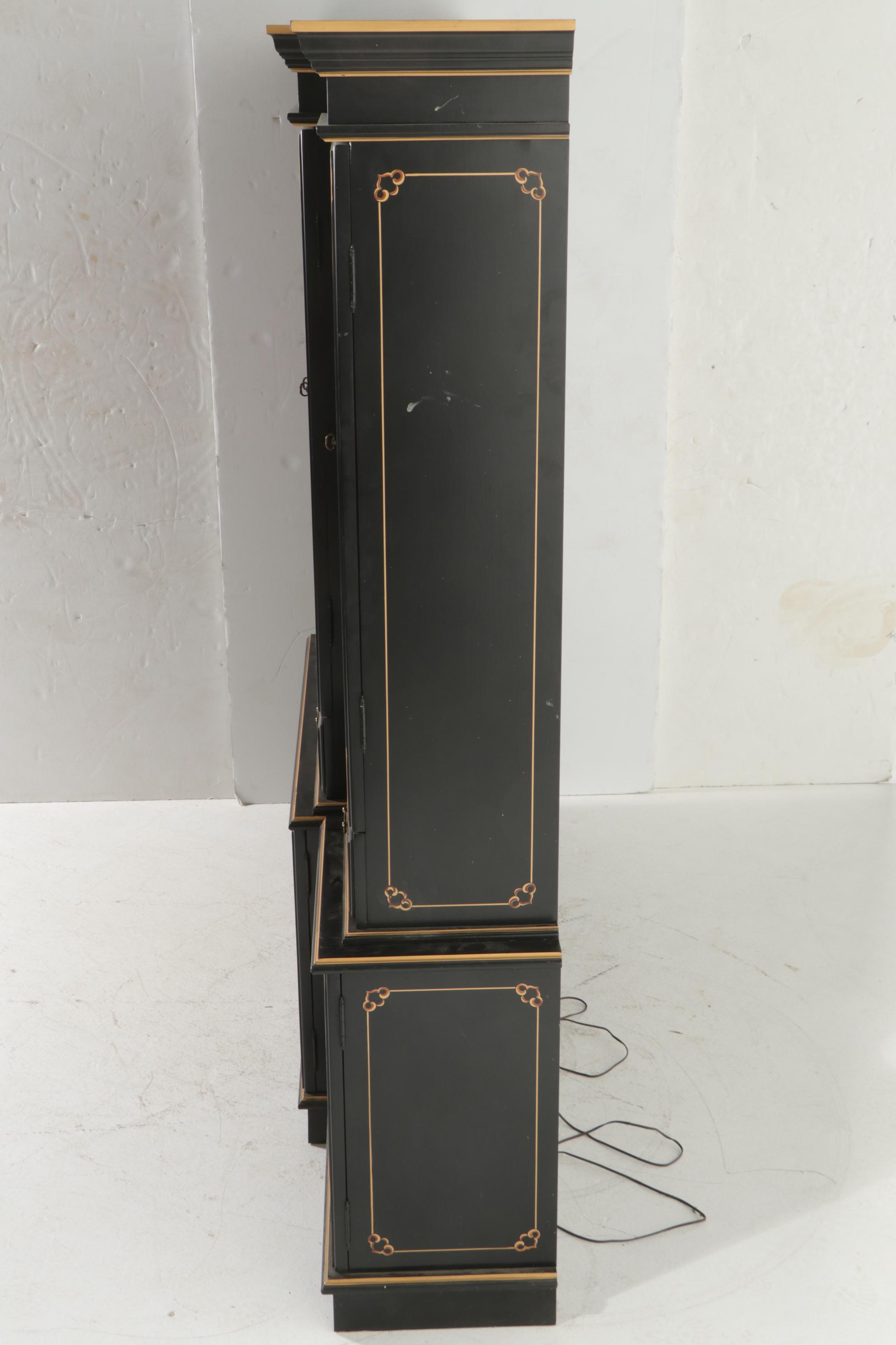 Chinoiserie-Decorated Gilt and Black-Lacquered Breakfront China Cabinet