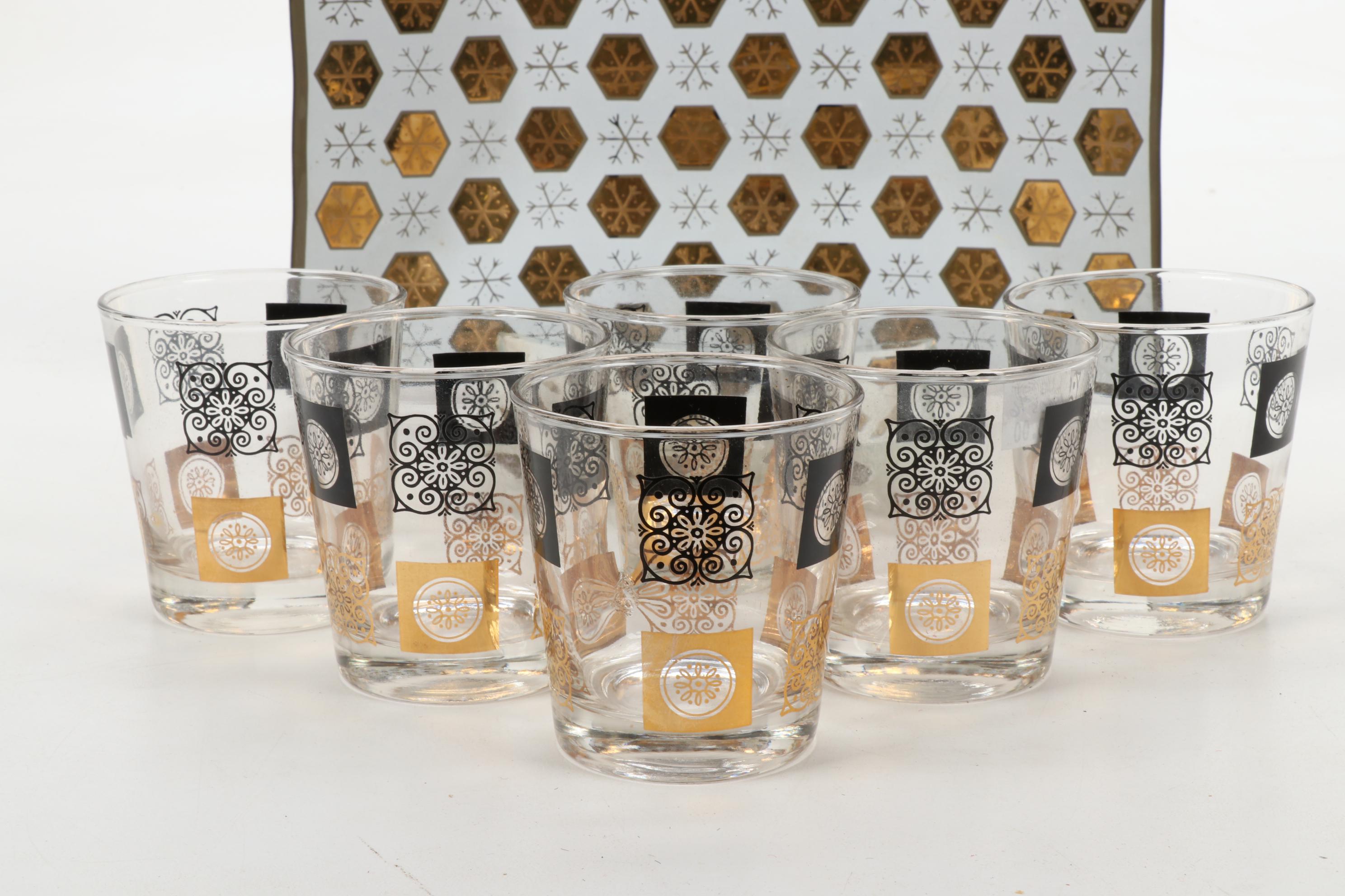 Fred Press Black and Gold Single Old Fashioned Glasses and Smoke Glass Trays