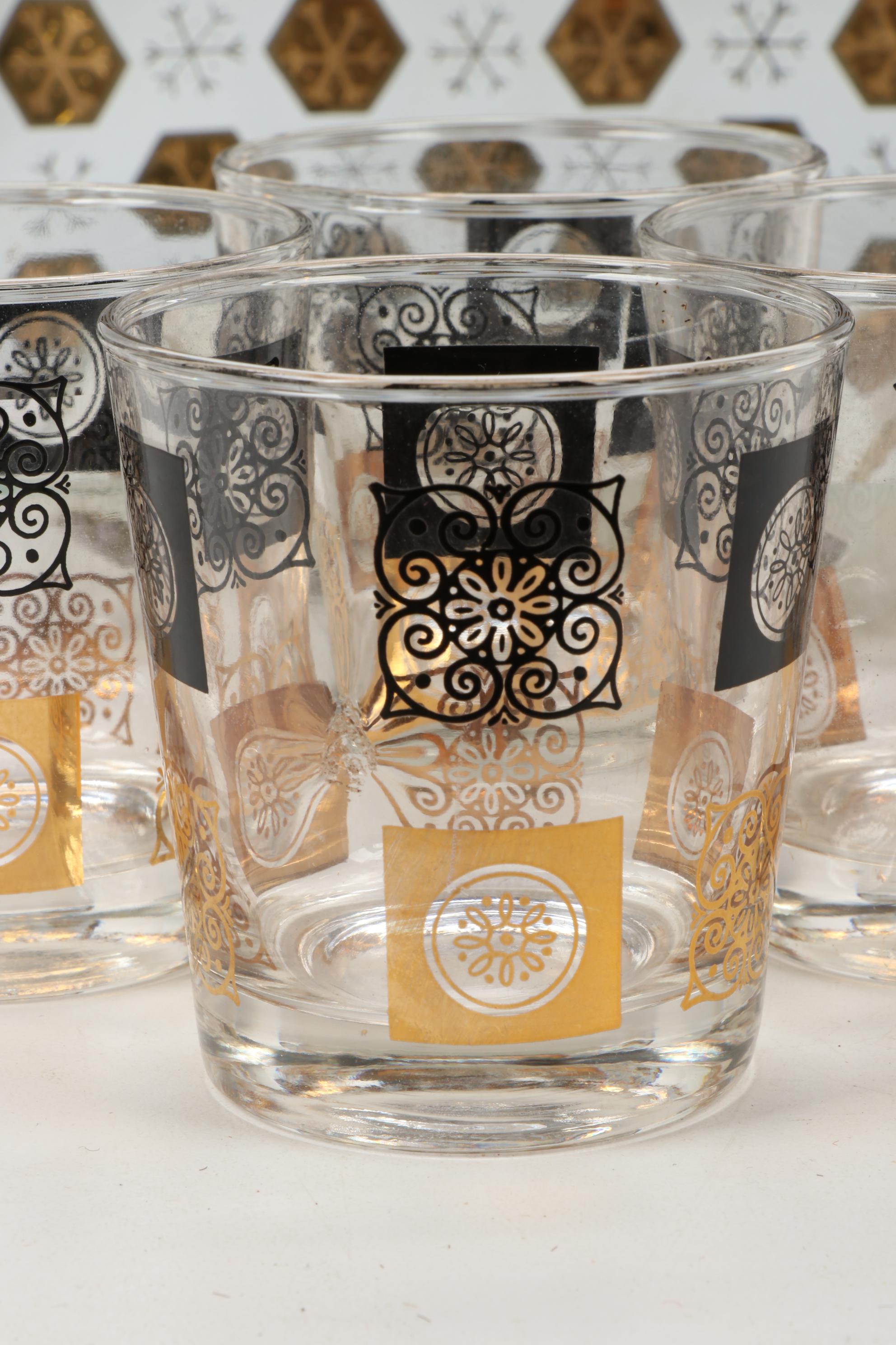 Fred Press Black and Gold Single Old Fashioned Glasses and Smoke Glass Trays