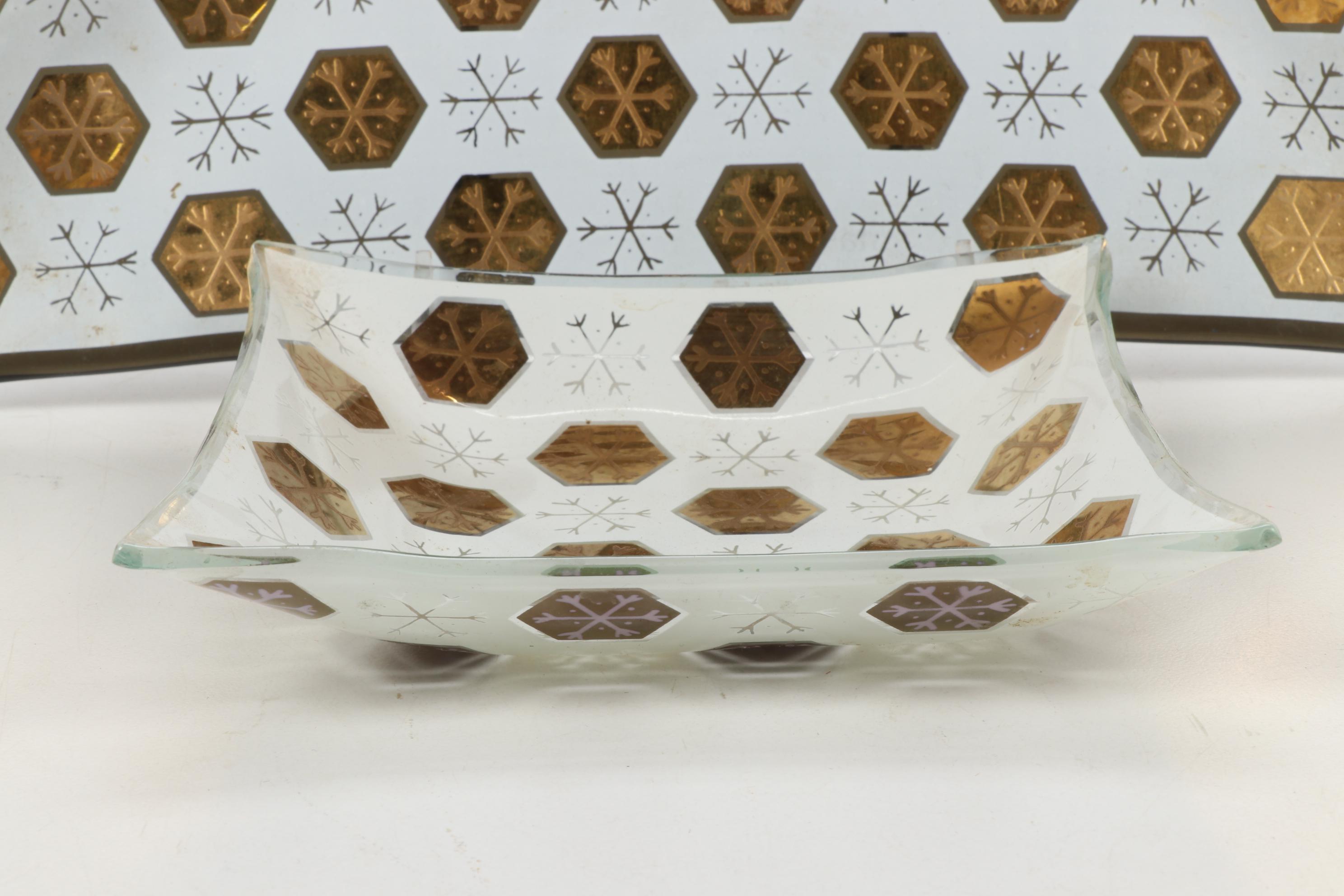 Fred Press Black and Gold Single Old Fashioned Glasses and Smoke Glass Trays