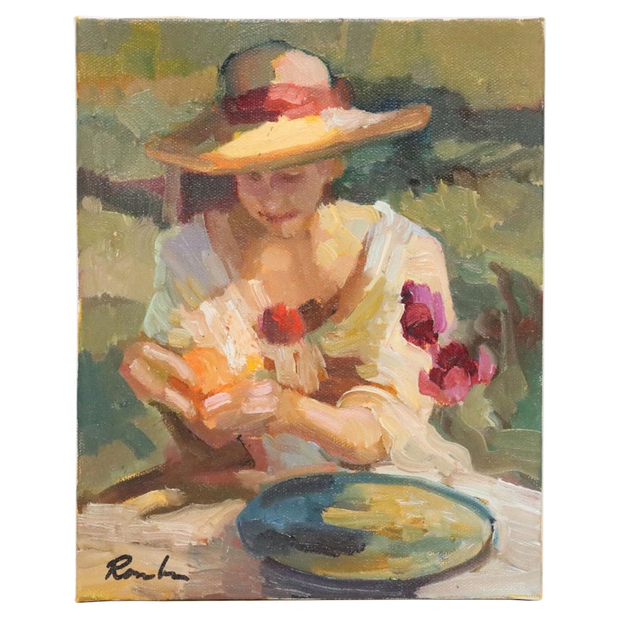 Sally Rosenbaum Oil Painting of Seated Woman in Hat
