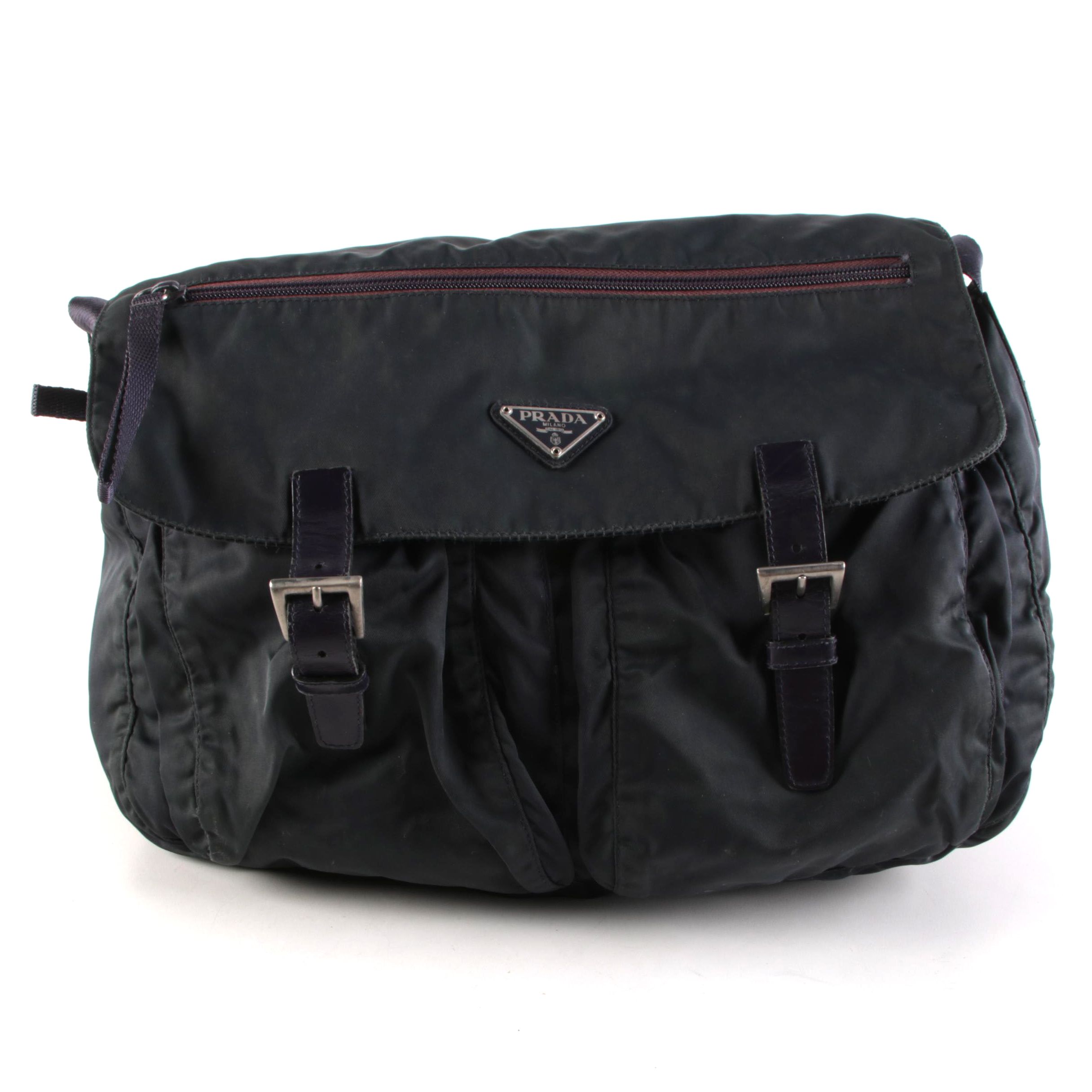 Prada Navy Blue Tessuto Messenger Bag in Nylon and Leather