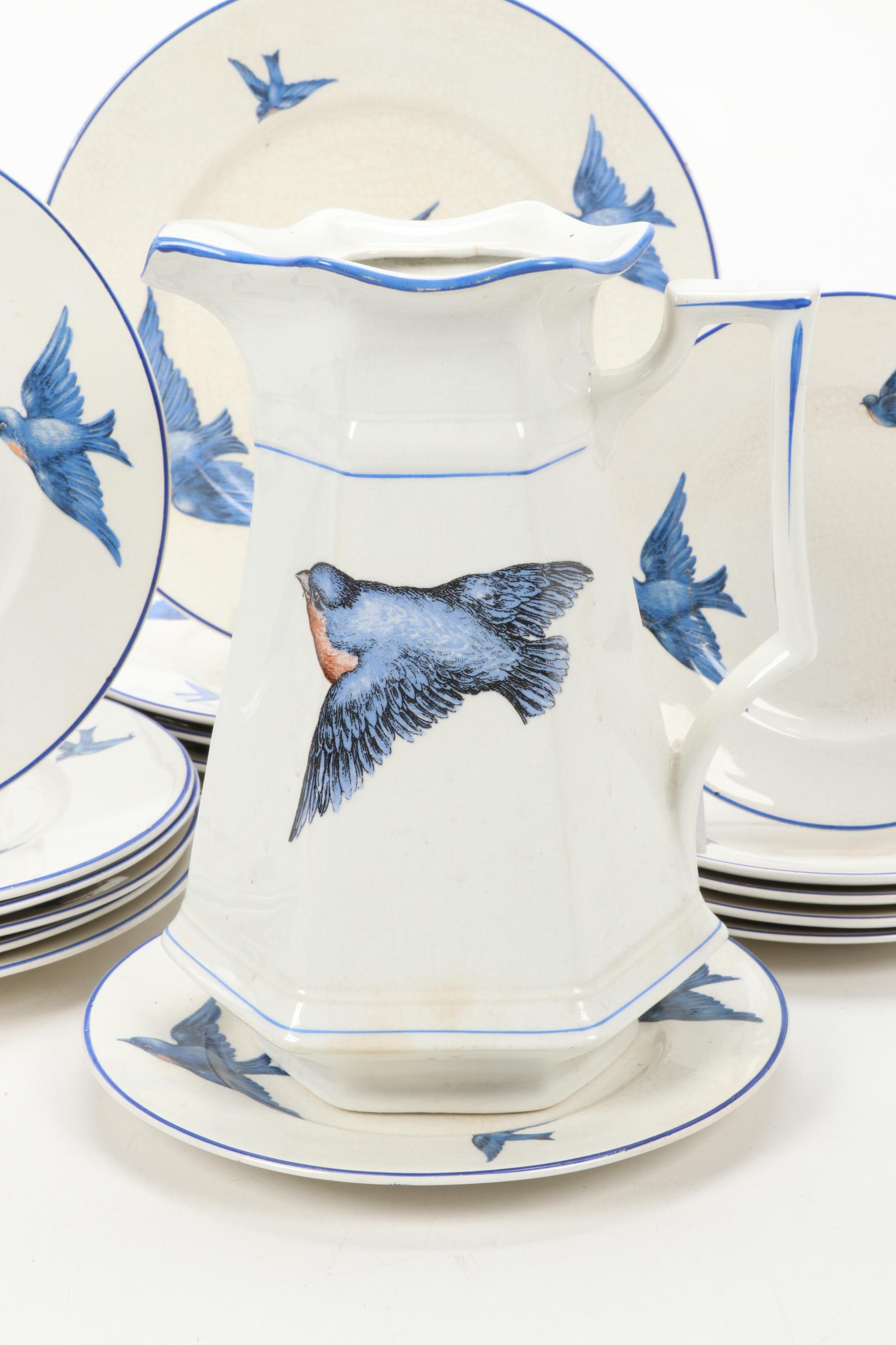 Knowles, Taylor & K "Blue Bird" Transferware Dinnerware, Early 20th Century