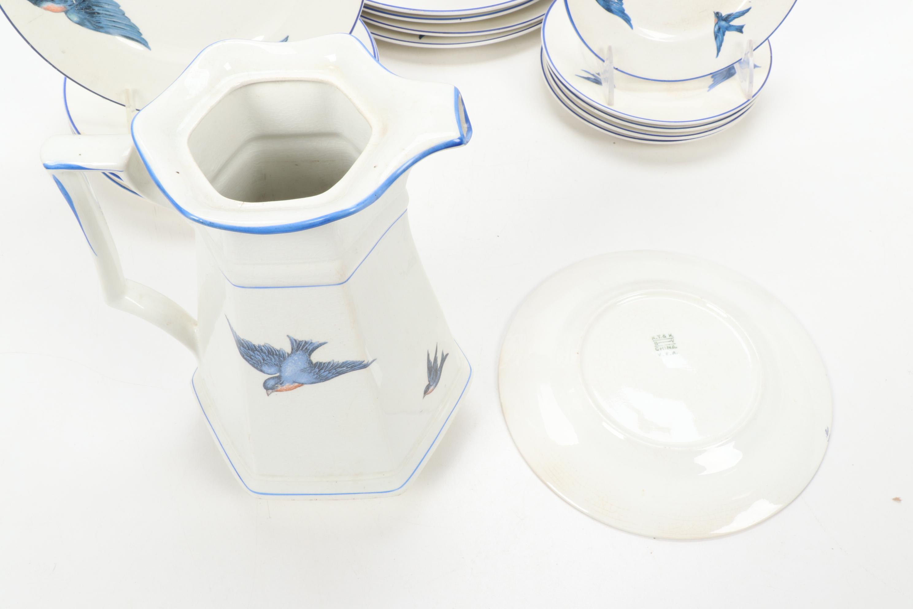 Knowles, Taylor & K "Blue Bird" Transferware Dinnerware, Early 20th Century