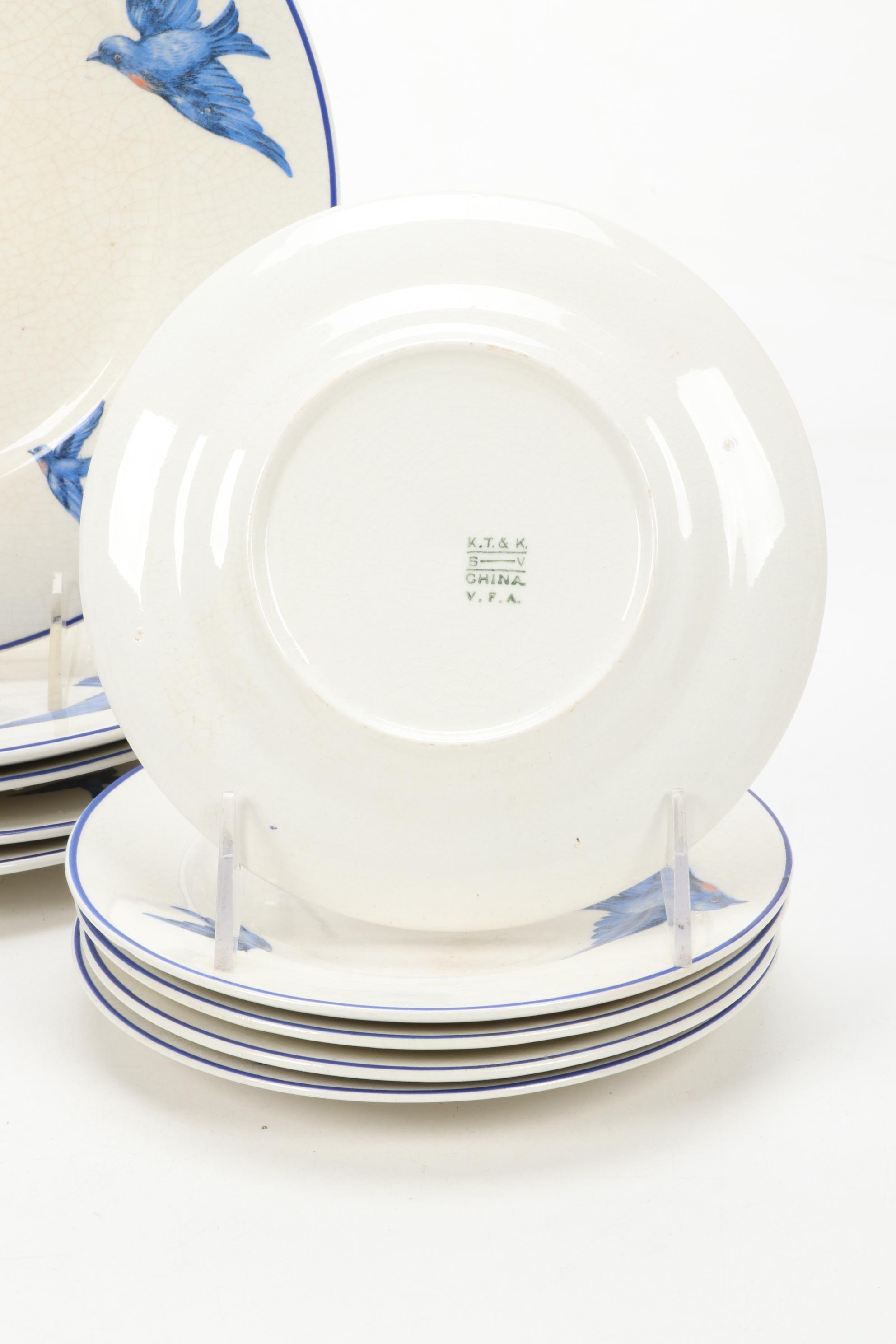 Knowles, Taylor & K "Blue Bird" Transferware Dinnerware, Early 20th Century