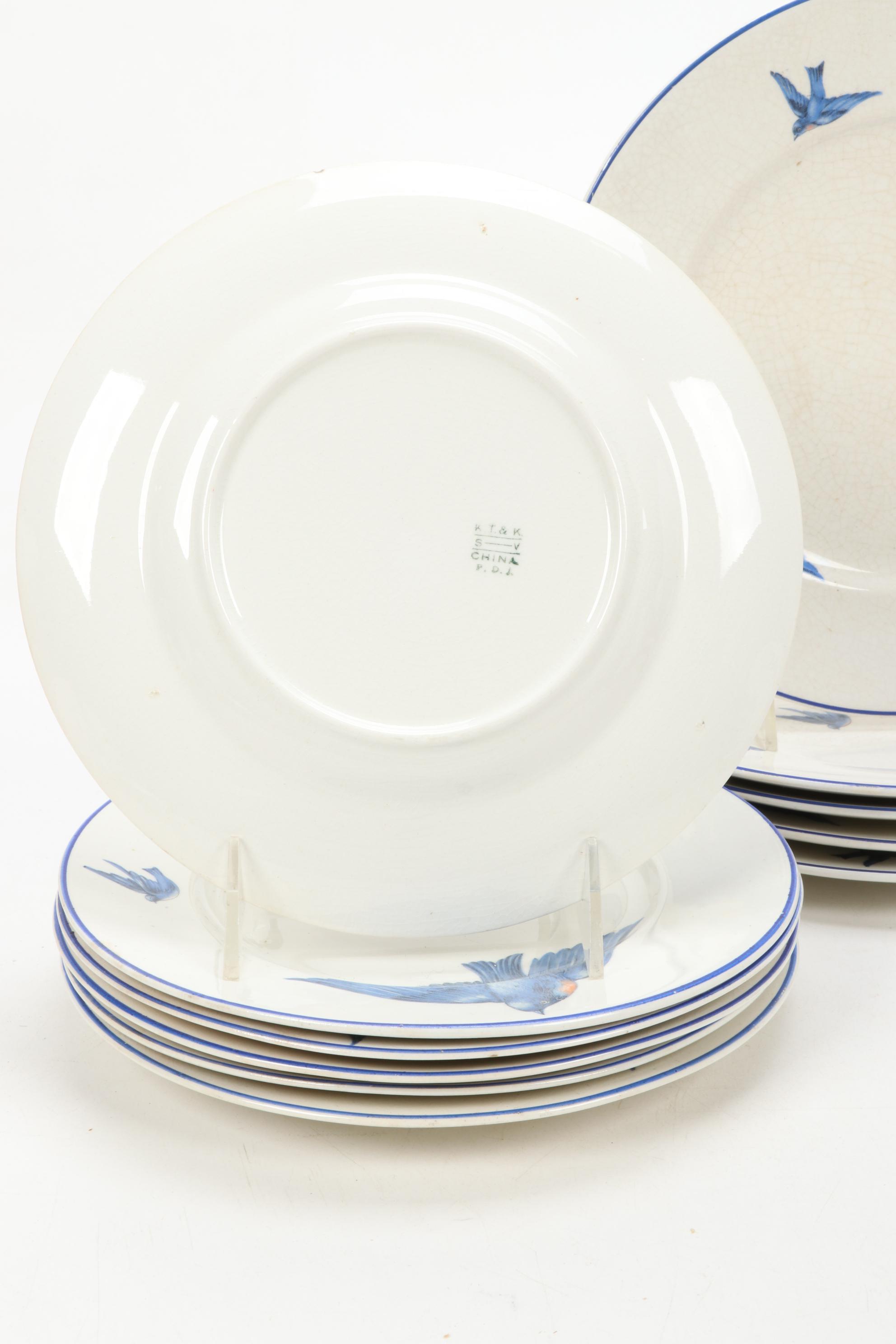 Knowles, Taylor & K "Blue Bird" Transferware Dinnerware, Early 20th Century