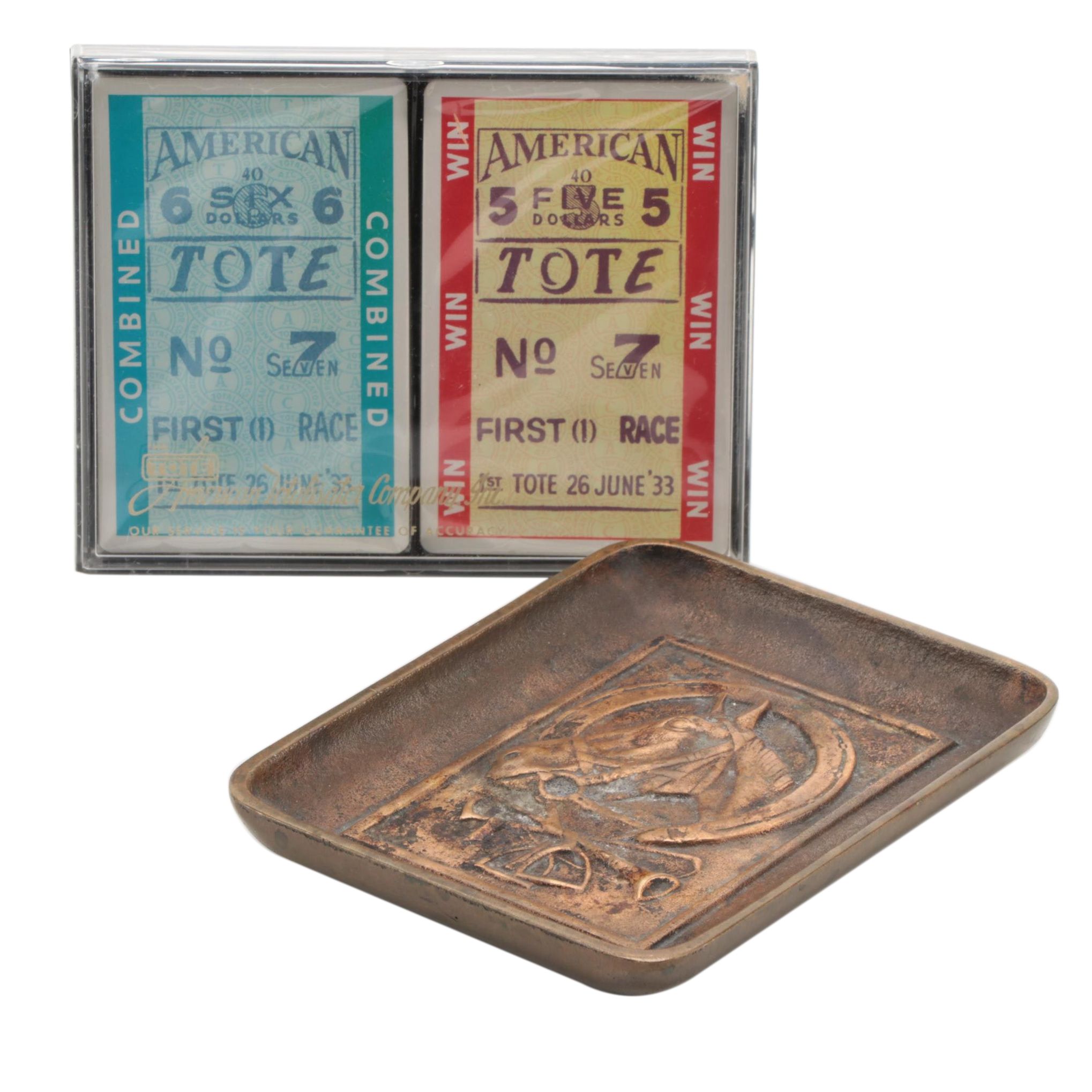 "Tote Ticket" Playing Cards with Embossed Brass Equestrian Motif Card Dish