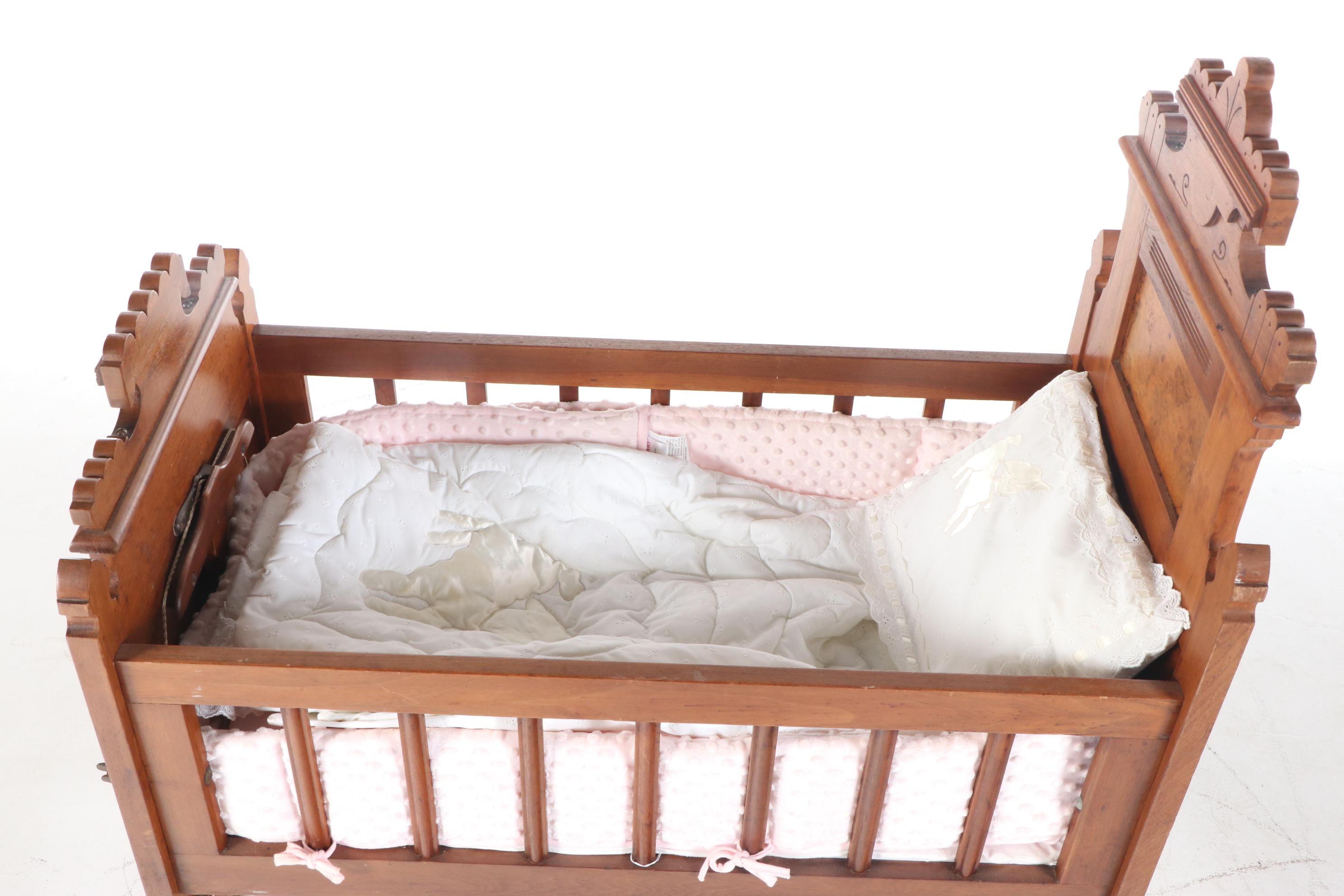 Victorian Eastlake Style Walnut and Burl Walnut Cradle, Late 19th