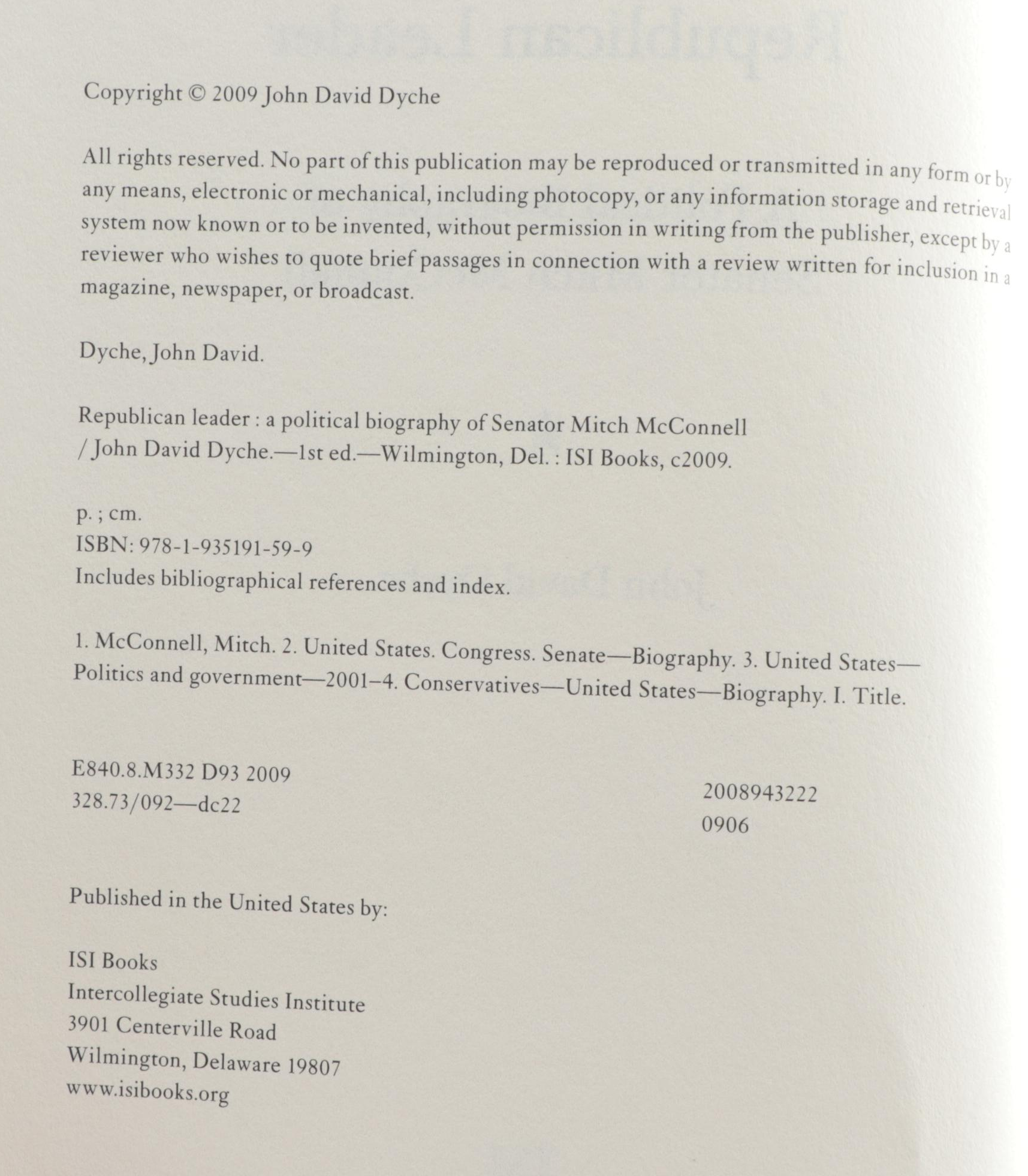 Mitch McConnell Signed "Republican Leader" by John David Dyche, 2009