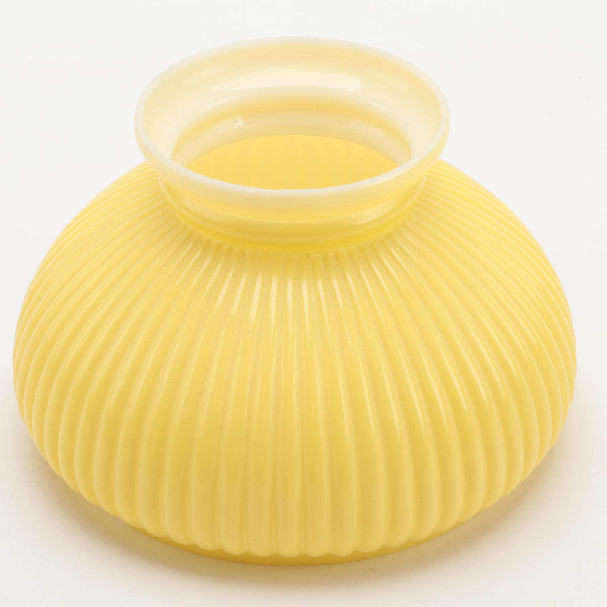 Brass Student Double Lamp with Yellow Shade and Glass Chimneys